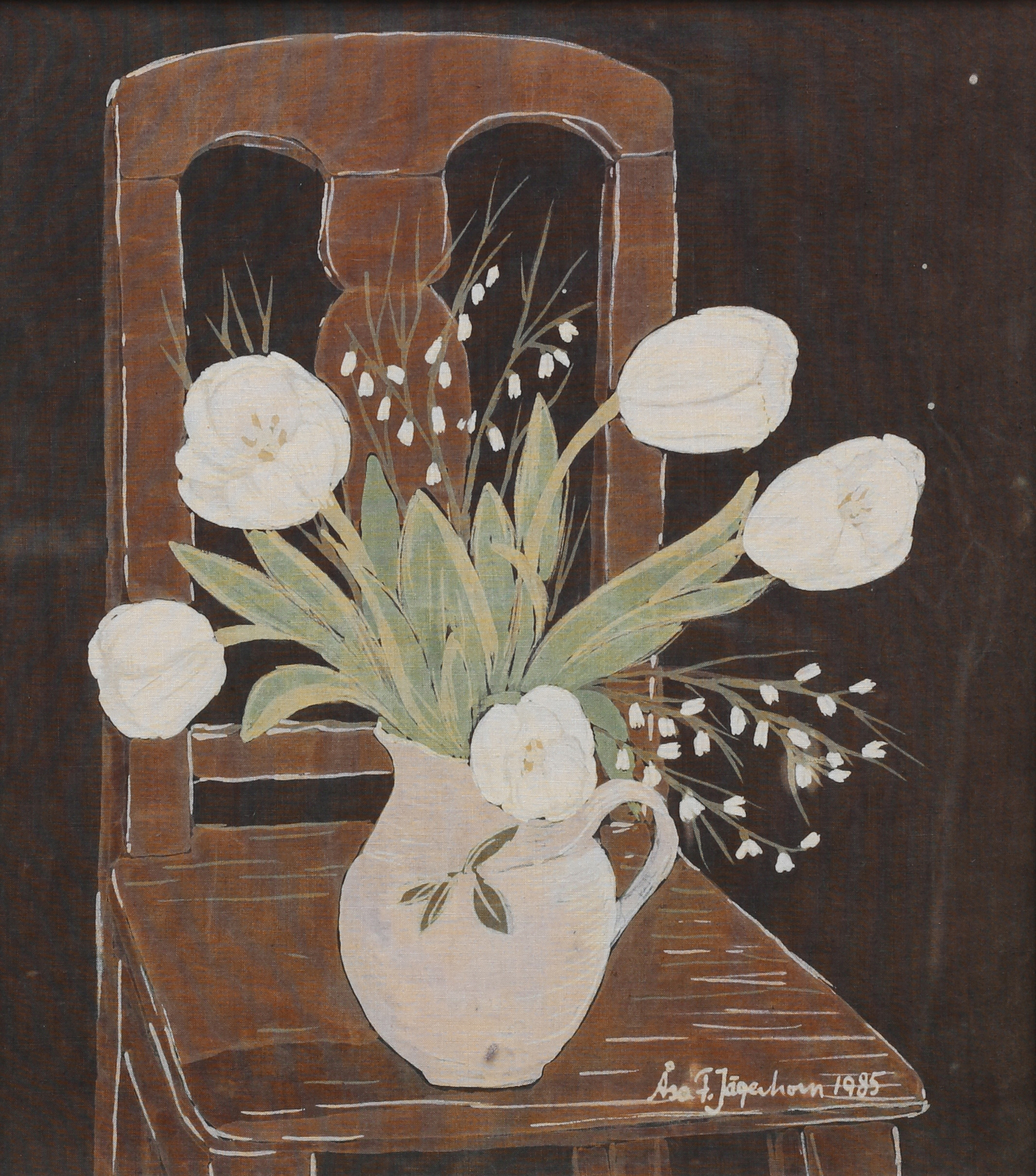 ÅSA FROSTERUD JÄGERHORN. Blomsterstilleben, textiltavla, signerad och daterad 1985.