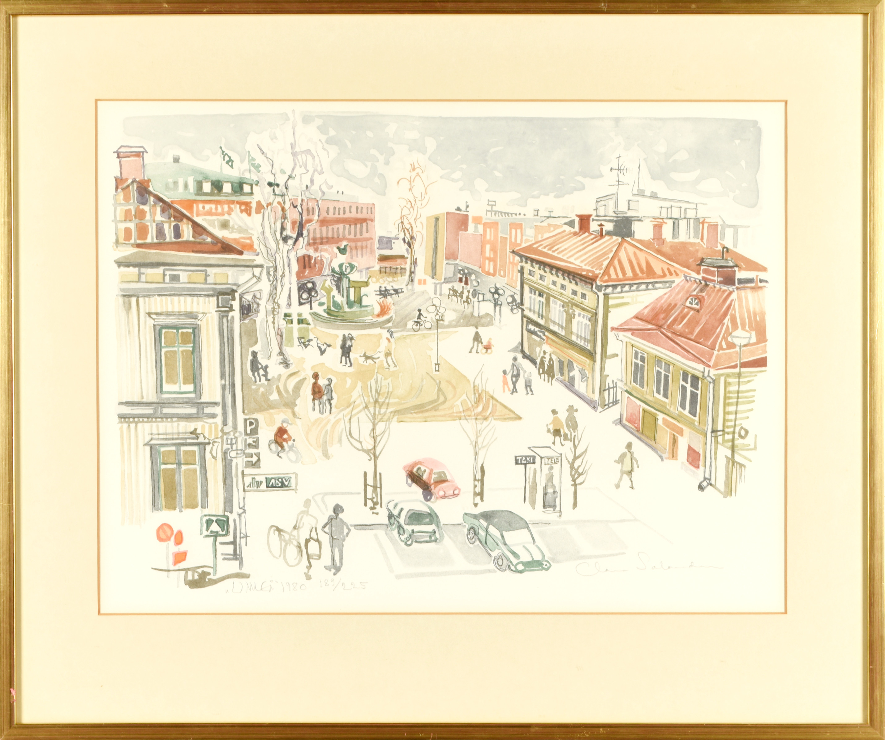 CLARA SALANDER. Färglitografi, "Umeå 1980", Signerad och numrerad 189/225.