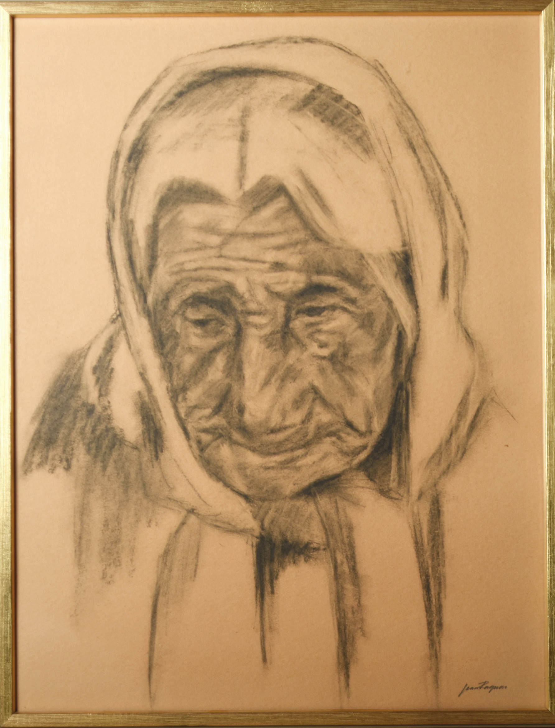JEAN RAGNAR. Kolteckning, "Gammal kvinna", Signerad.