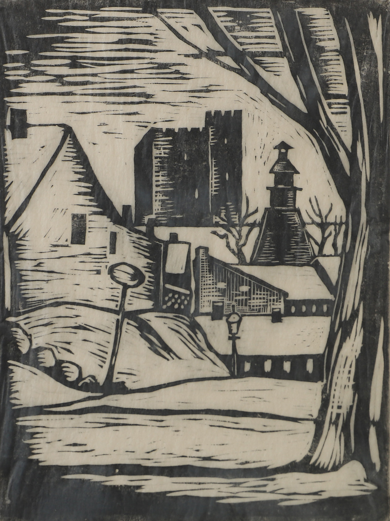 ERIC CEDERBERG. Helsingborg med Kärnan, träsnitt, signerad 1933.