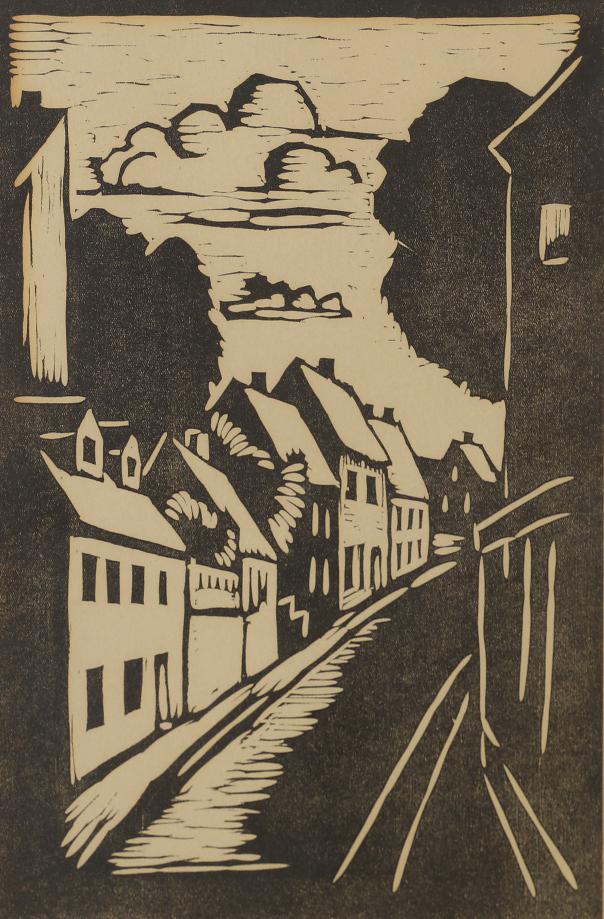 ERIC CEDERBERG. Gatubild, träsnitt, signerad E. Cederberg -40.