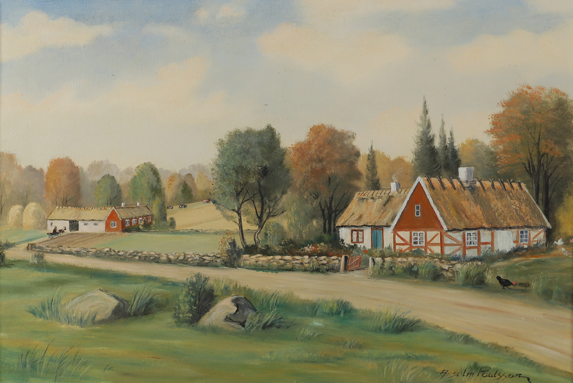 ANSELM PAULSSON. Landskap med gård, olja på duk, signerad.