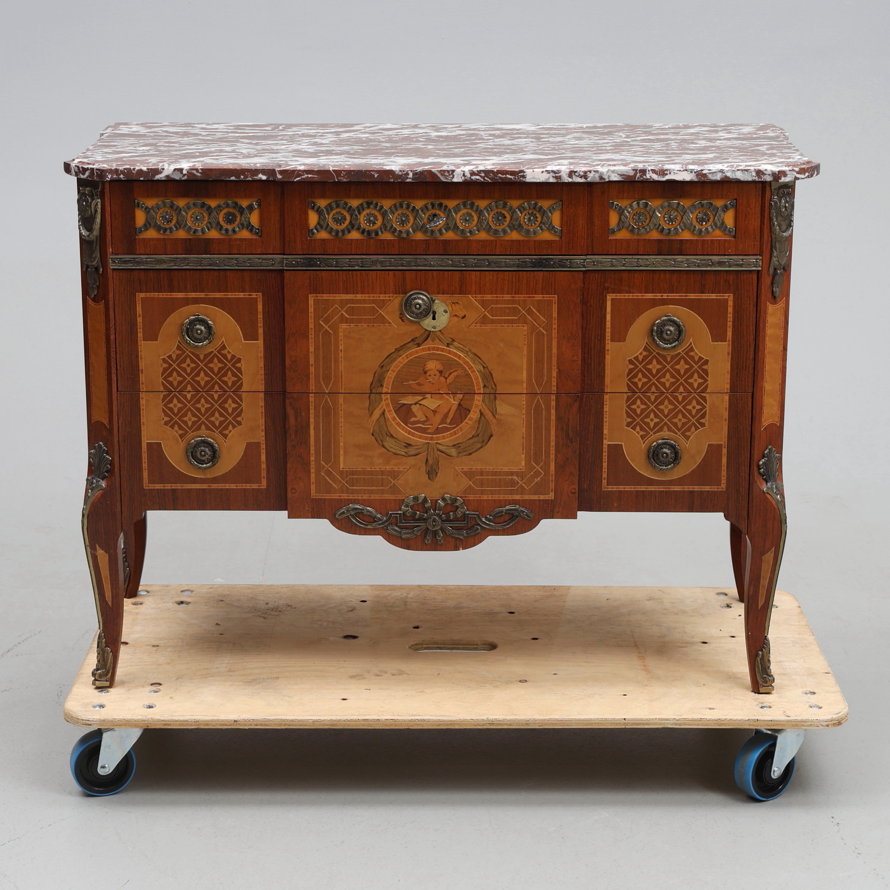 BYRÅ/SKÅP, intarsia, marmorskiva, gustaviansk-stil, 1900-tal.