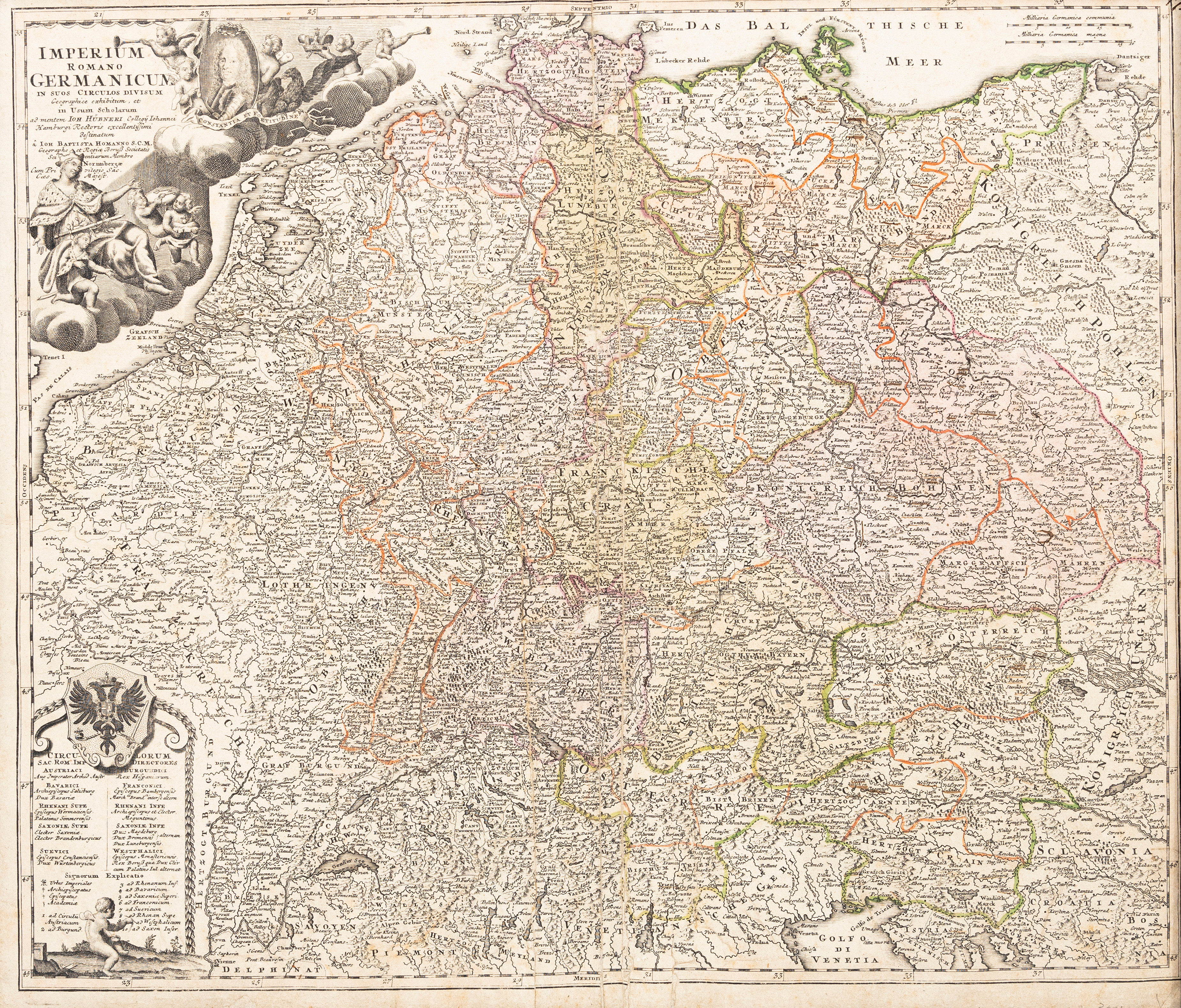 JOHANN BAPTIST HOMANN. Imperium Romano Germanico / Tysk-Romerska riket, graverad och delvis handkolorerad karta, 1700-tal.