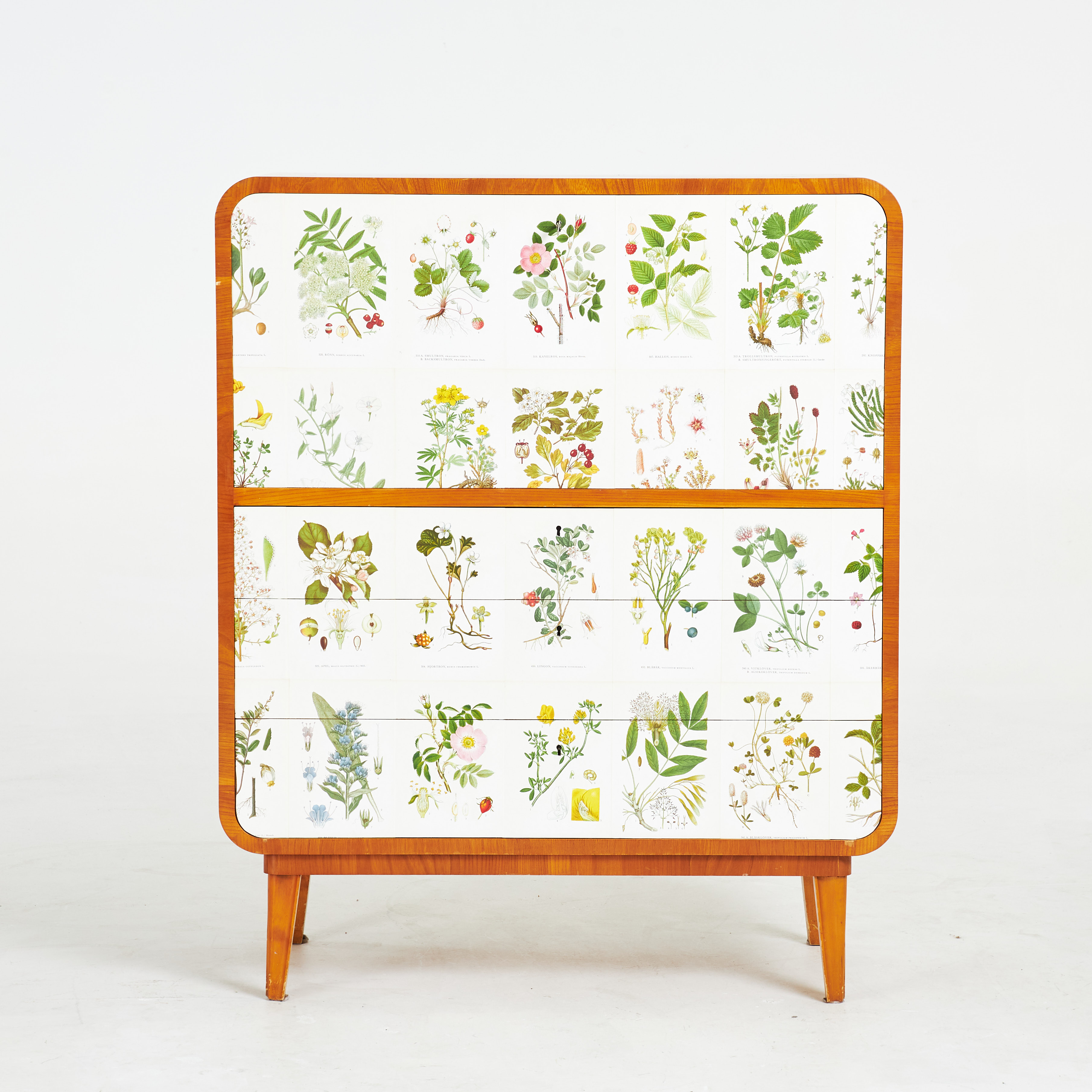 SEKRETÄR, omkring 1900-talets mitt, senare tapetserad med blad av Nordens Flora, fällbar skrivskiva invändigt inredd med lådor fanerade i björk/masurbjörk, sidor i alm.