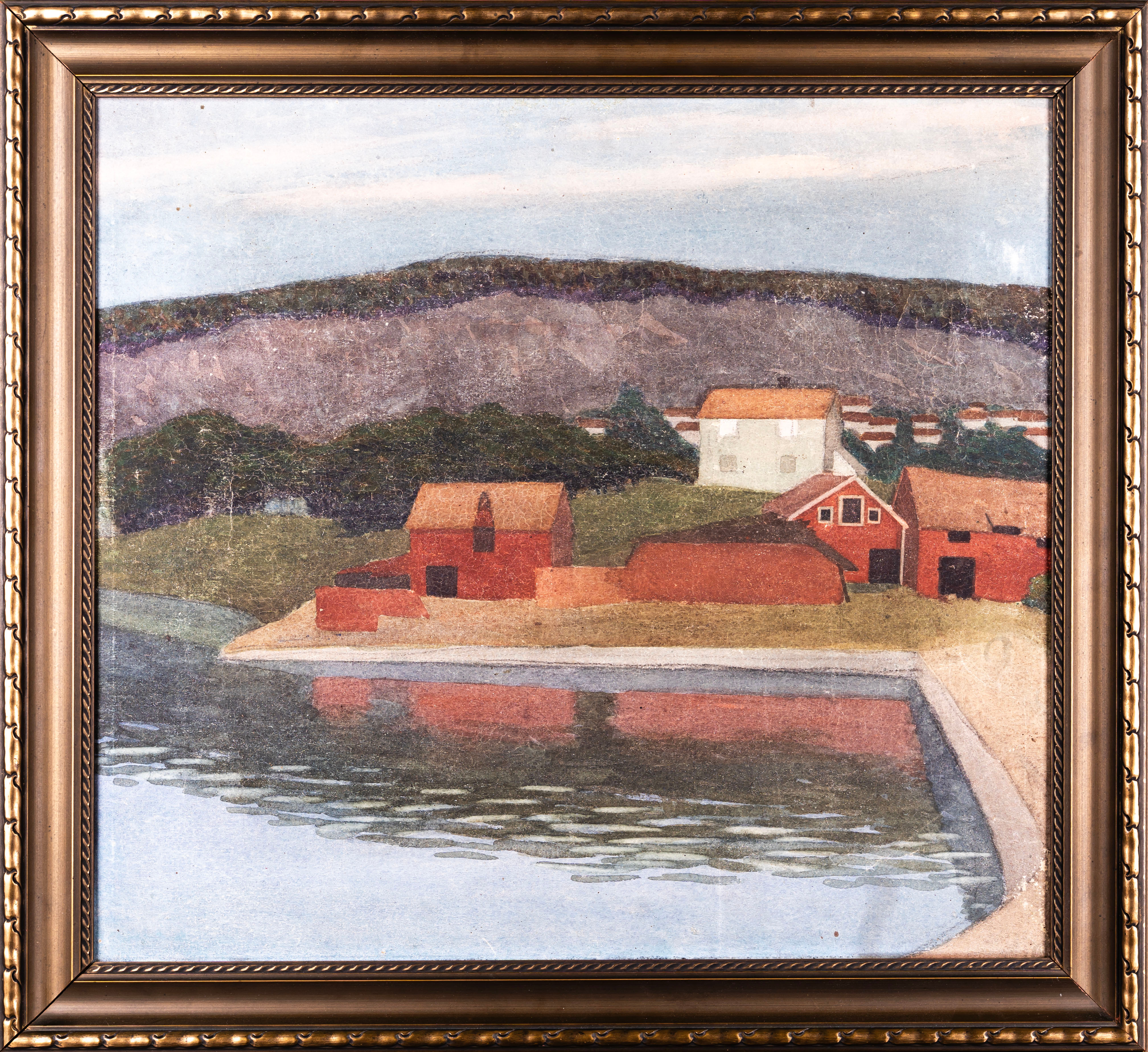 ESTER ALMQVIST. Olja på duk, Tillskriven, By vid hamn motiv.