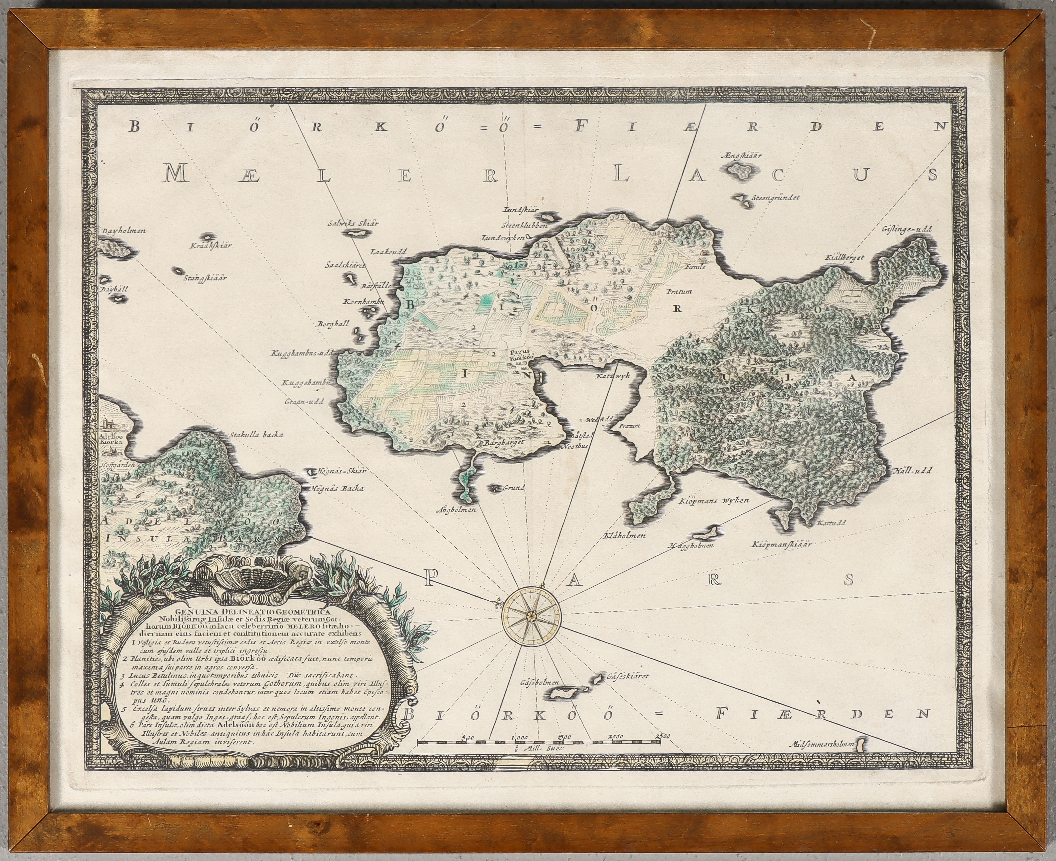 KARTA Björkö, från Erik Dahlberg, Suecia Antiqua et Hodierna, kolorerat kopparstick, 17/1800-tal.