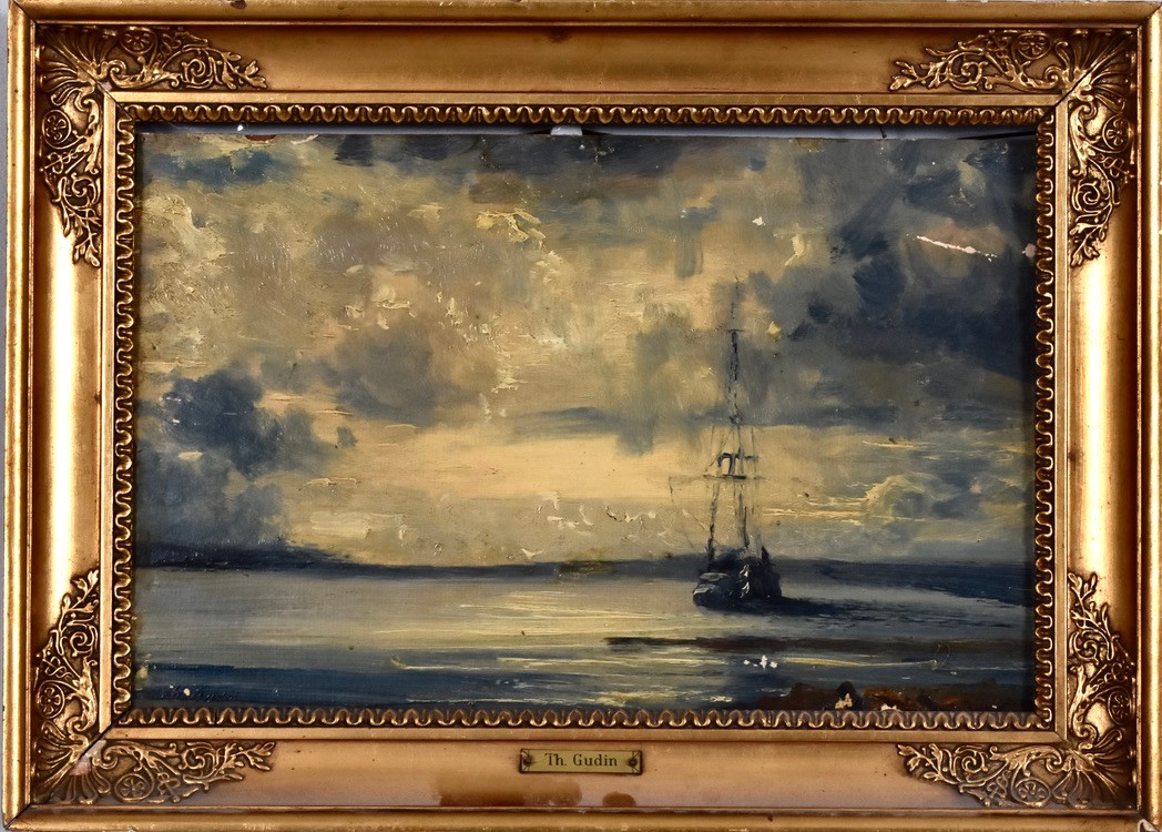 BARON JEAN THÉODORE GUDIN. oljemålning på papper, uppklistrad på träpannå, marin.