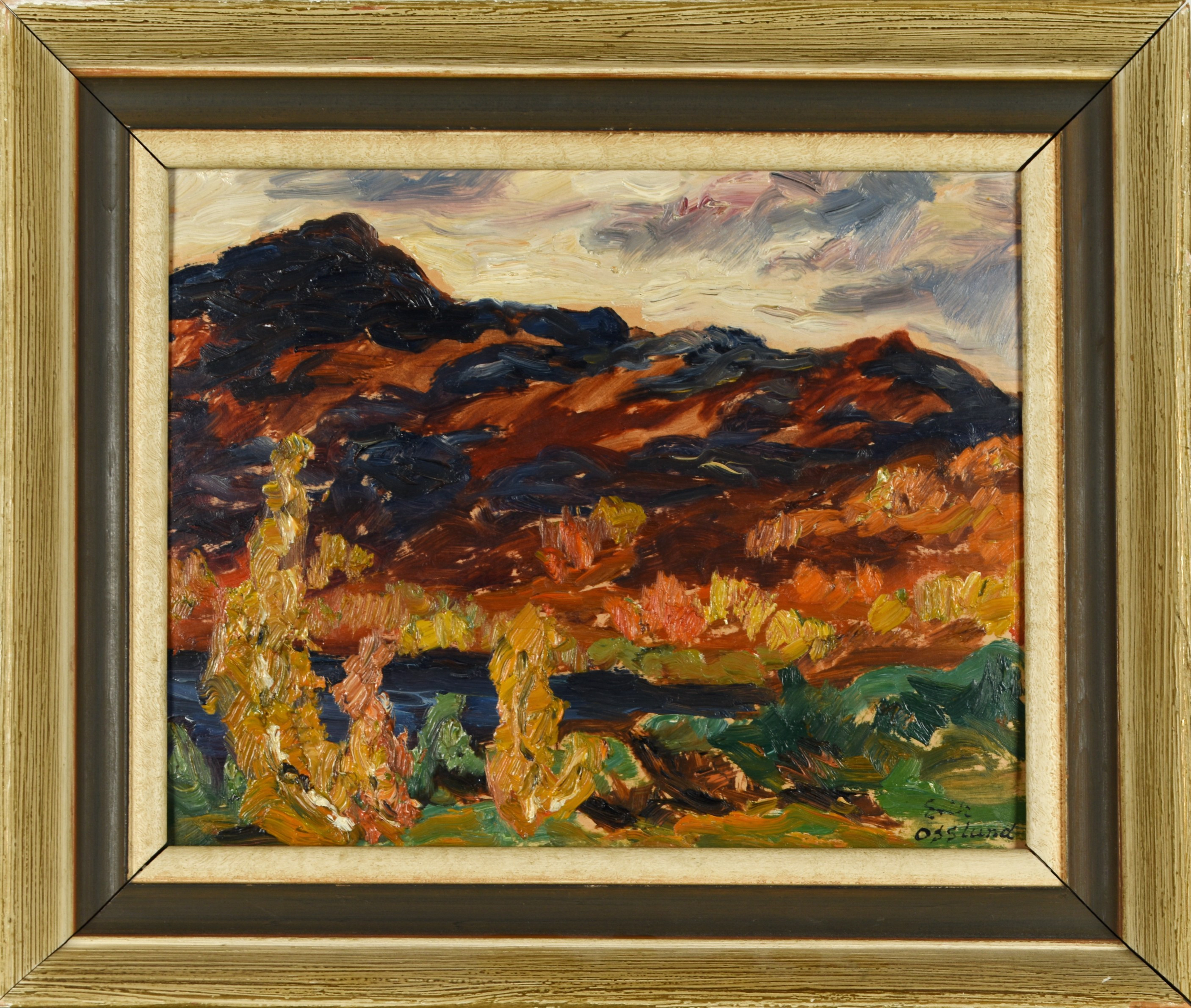 ERIK OSSLUND. Olja på pannå, "Från Anåfjällen", signerad.