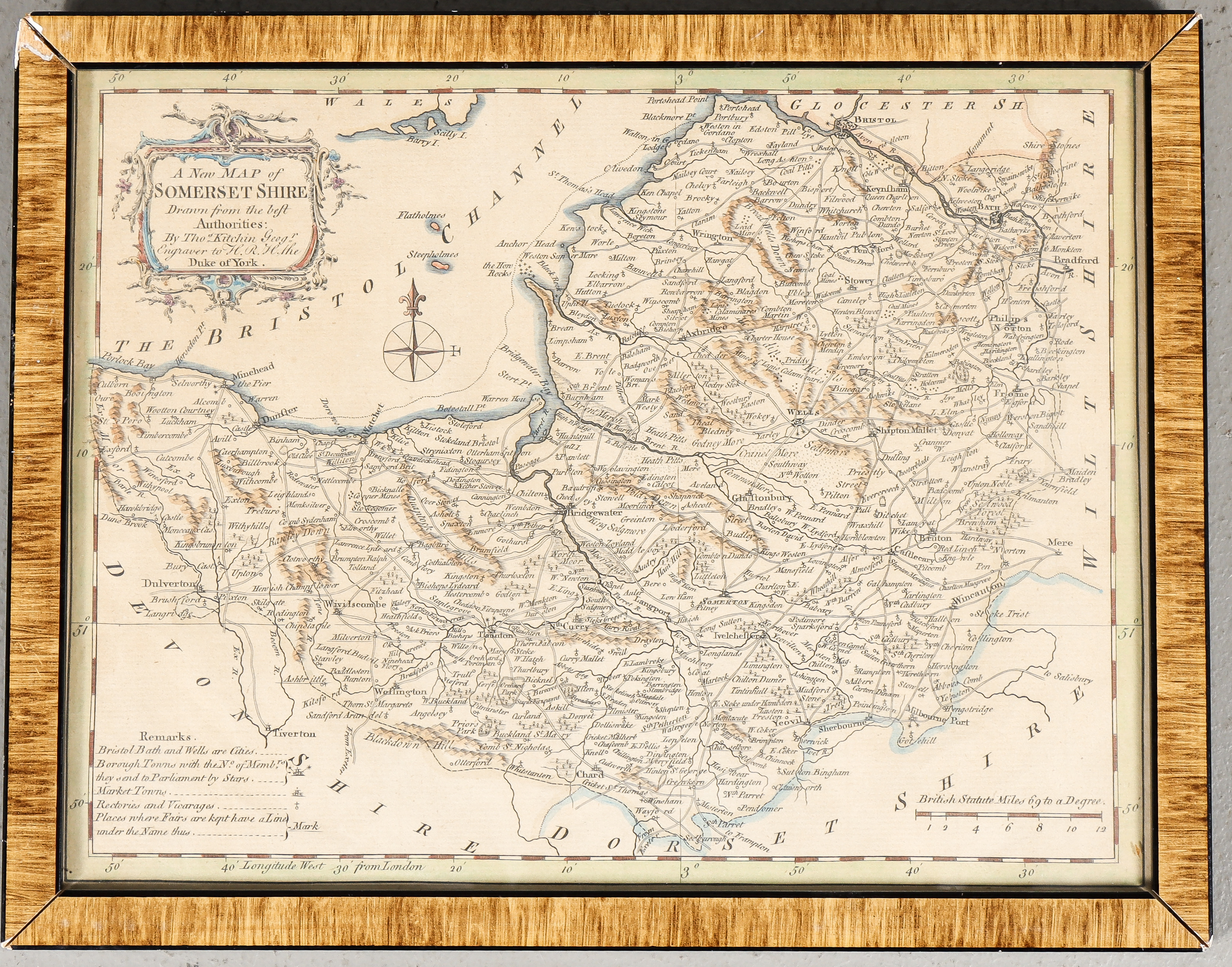 KARTA "A New Map of Somerset Shire", kolorerat kopparstick.