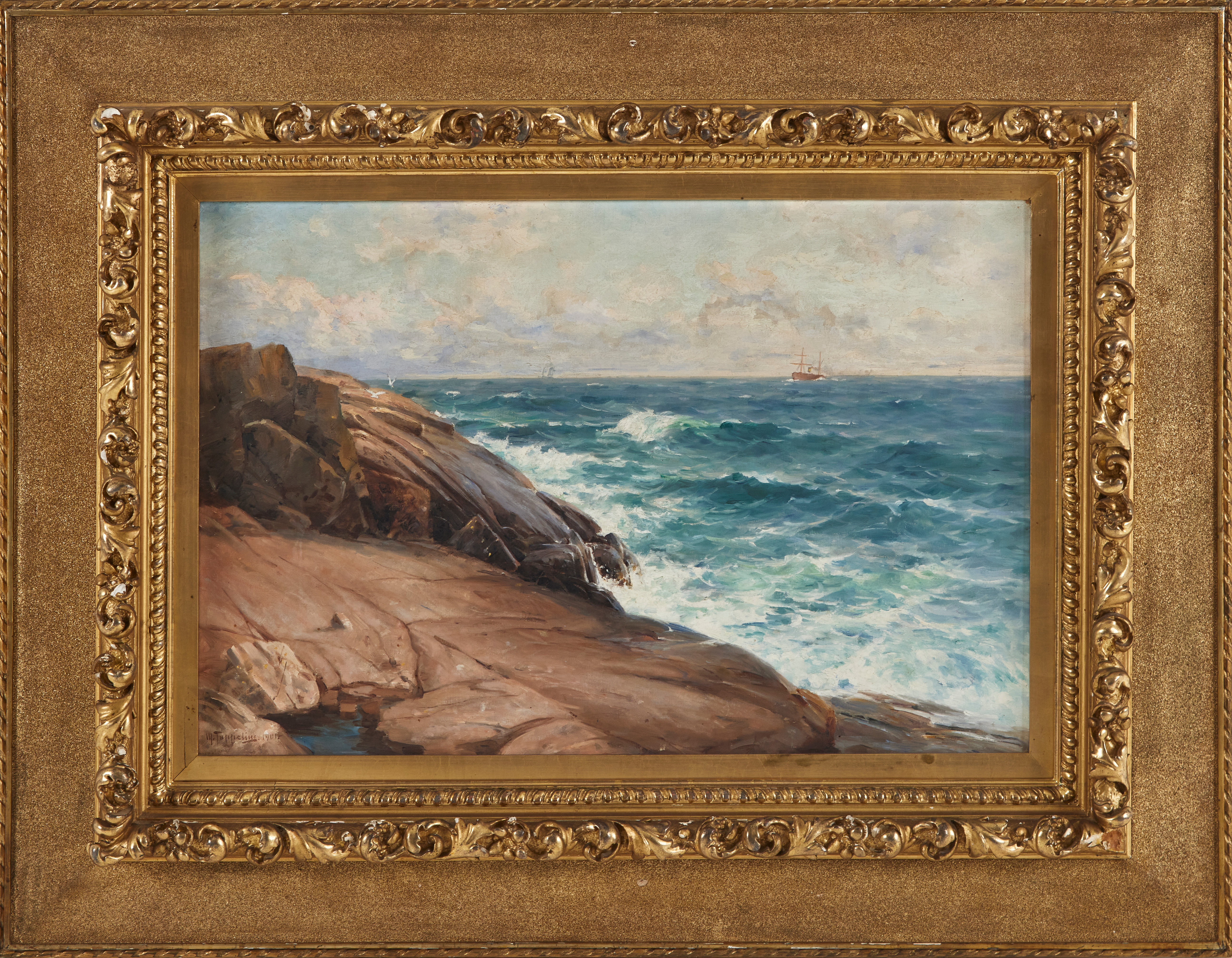 WOLDEMAR TOPPELIUS. kustvy med klippor, olja på duk, signerad och daterad 1901.