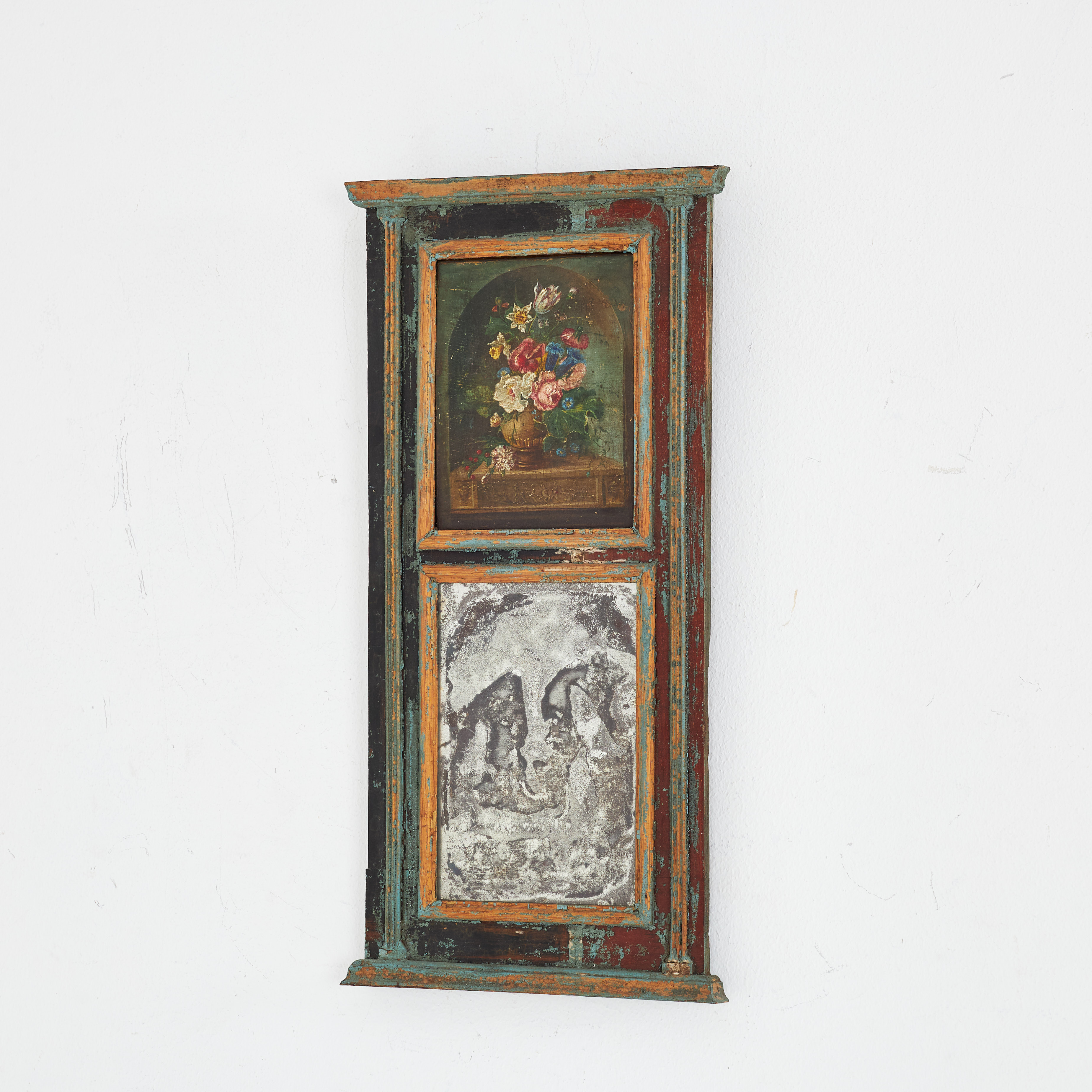 SPEGEL. 1800-talets första delar, spegelfält med blomsterstilleben på plåt, folierat spegelglas.