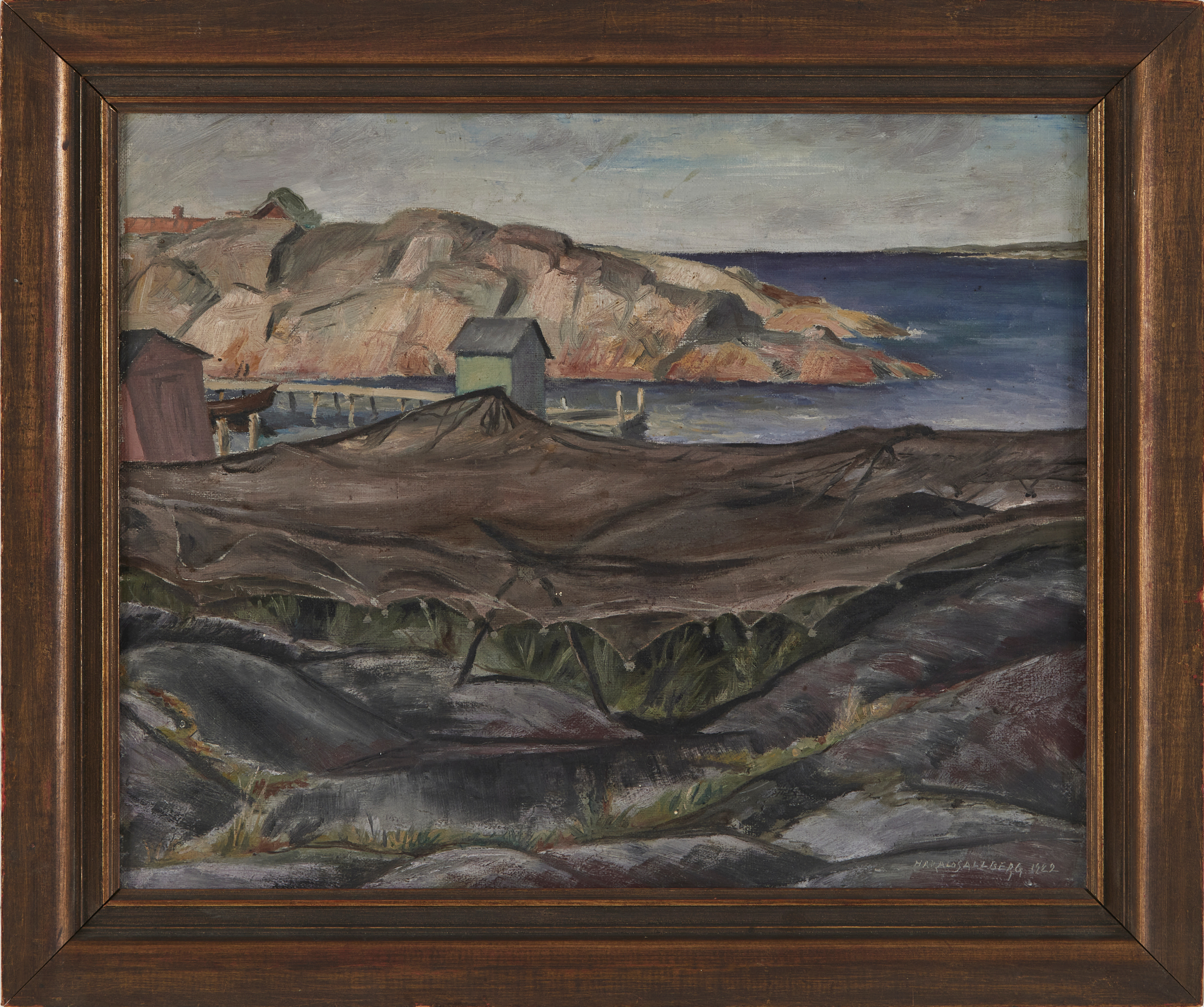 HARALD SALLBERG. Skärgårdsmotiv med fiskenät, olja på duk, uppfordrad på pannå, signerad, daterad 1922.