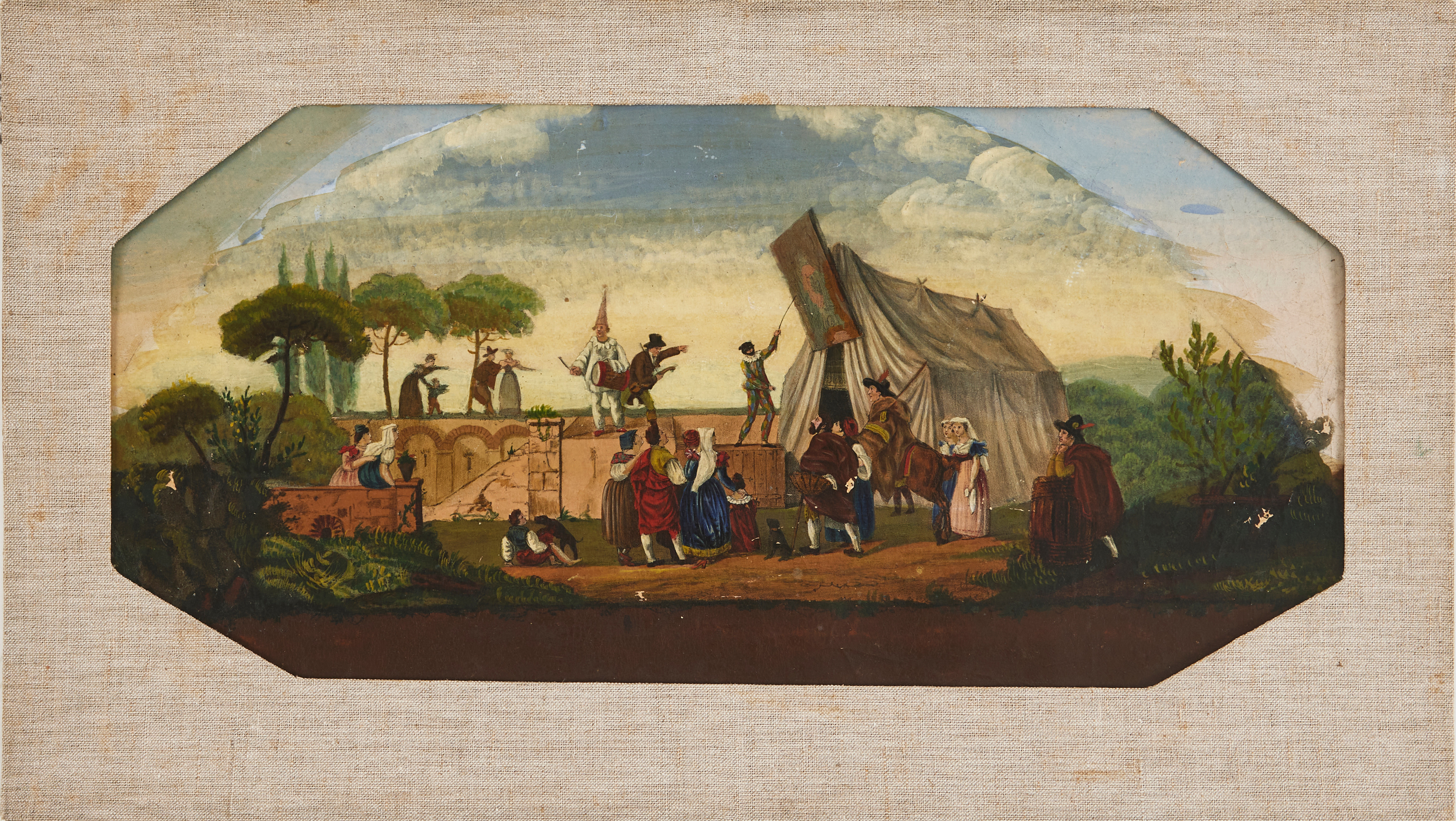 OIDENTIFIERAD KONSTNÄR. Commedia dell'arte, 1800-tal, olja på pannå.