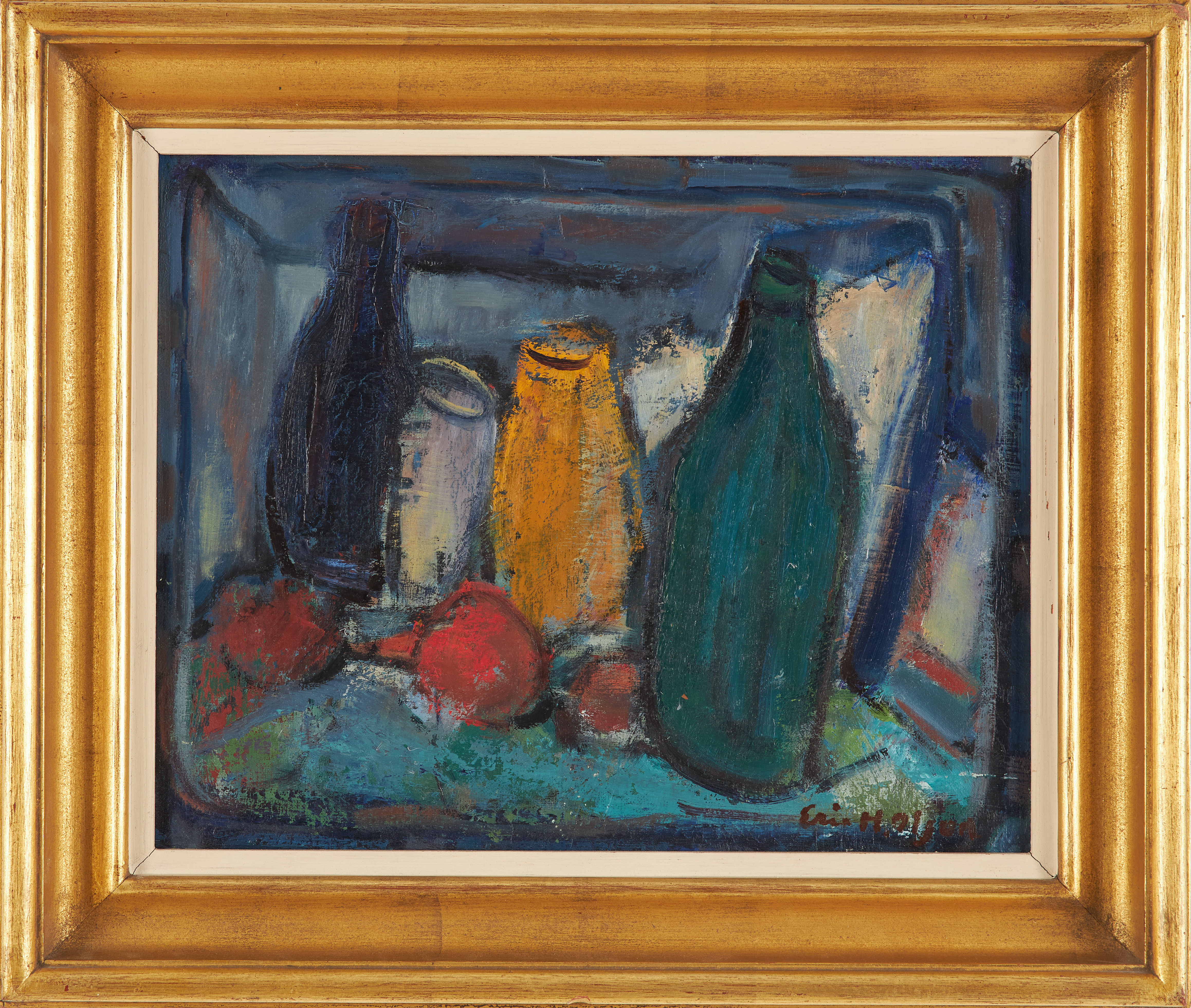 ERIC H. OLSON. Olja på pannå, stilleben, signerad.