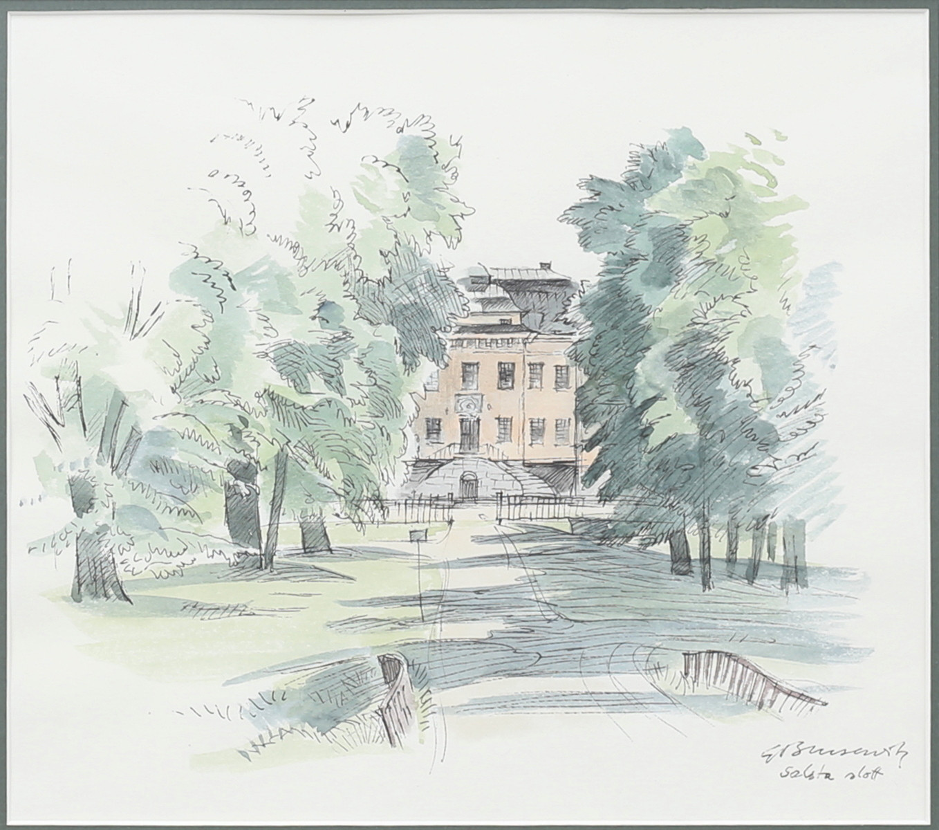 GUNNAR BRUSEWITZ. "Solsta slott". Blandteknik, signerad.