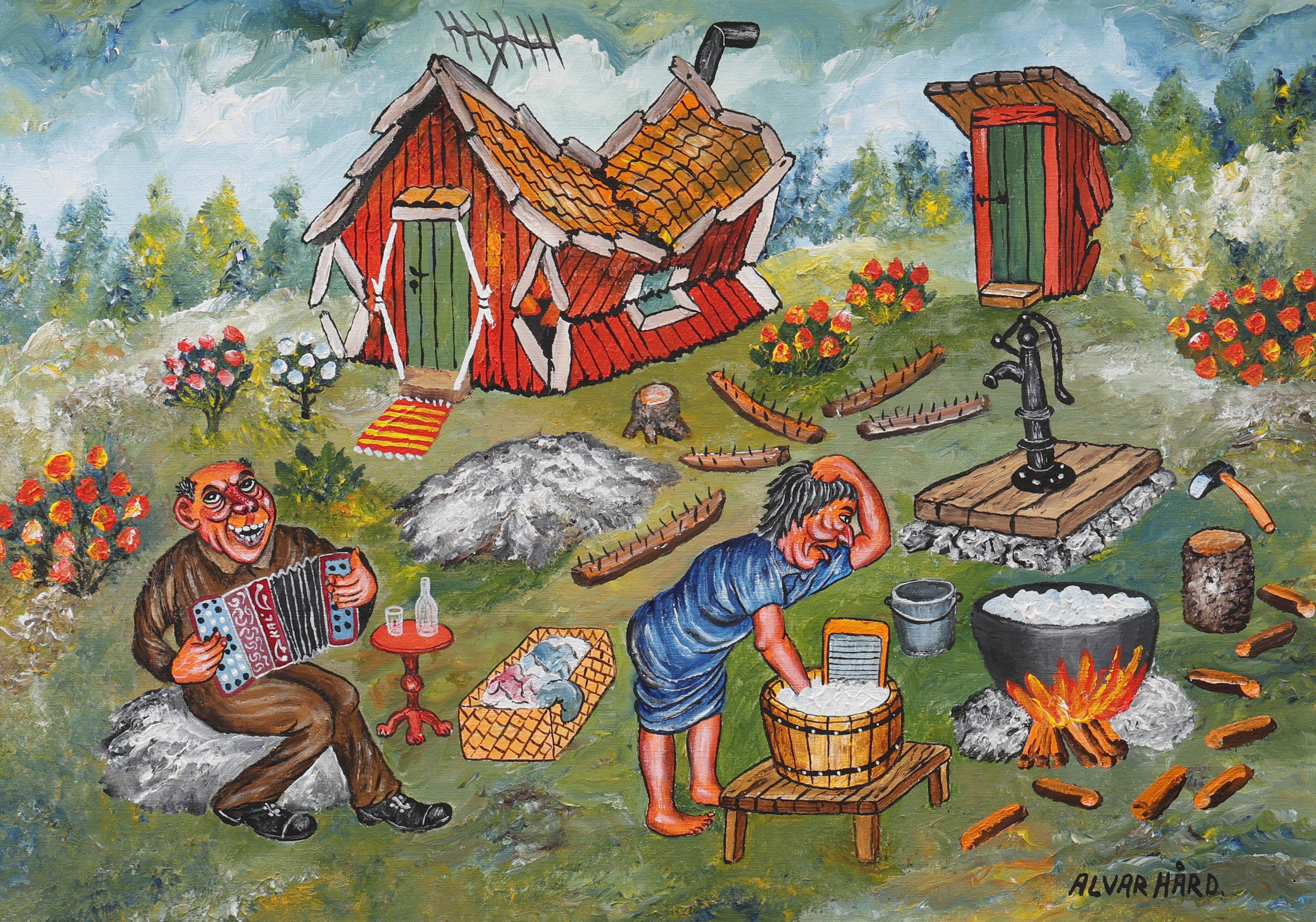 ALVAR HÅRD. olja på duk, "En härlig semester på sommartorpet", signerad.