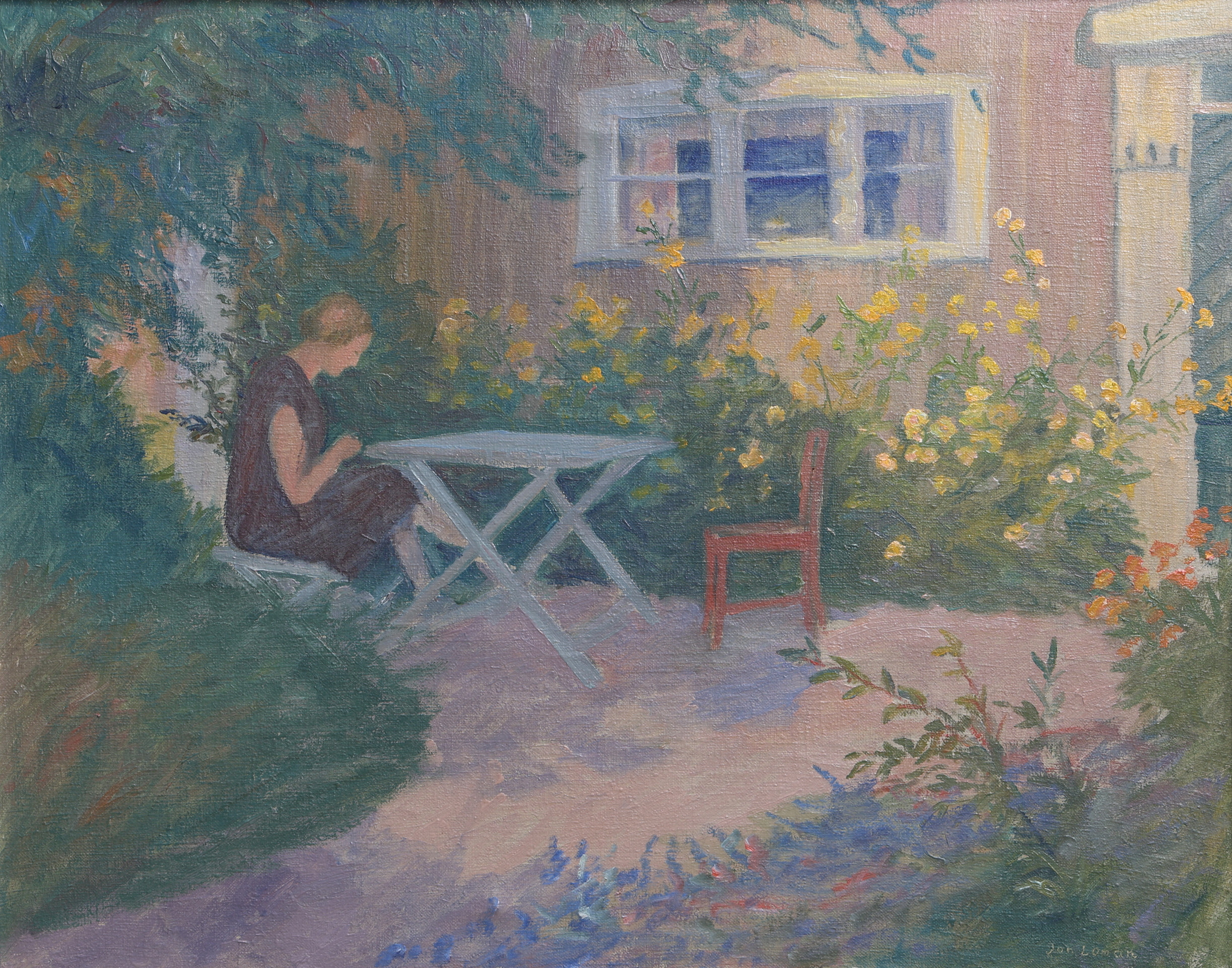 JON LOMAN. Olja på duk, kvinna i trädgård, signerad.