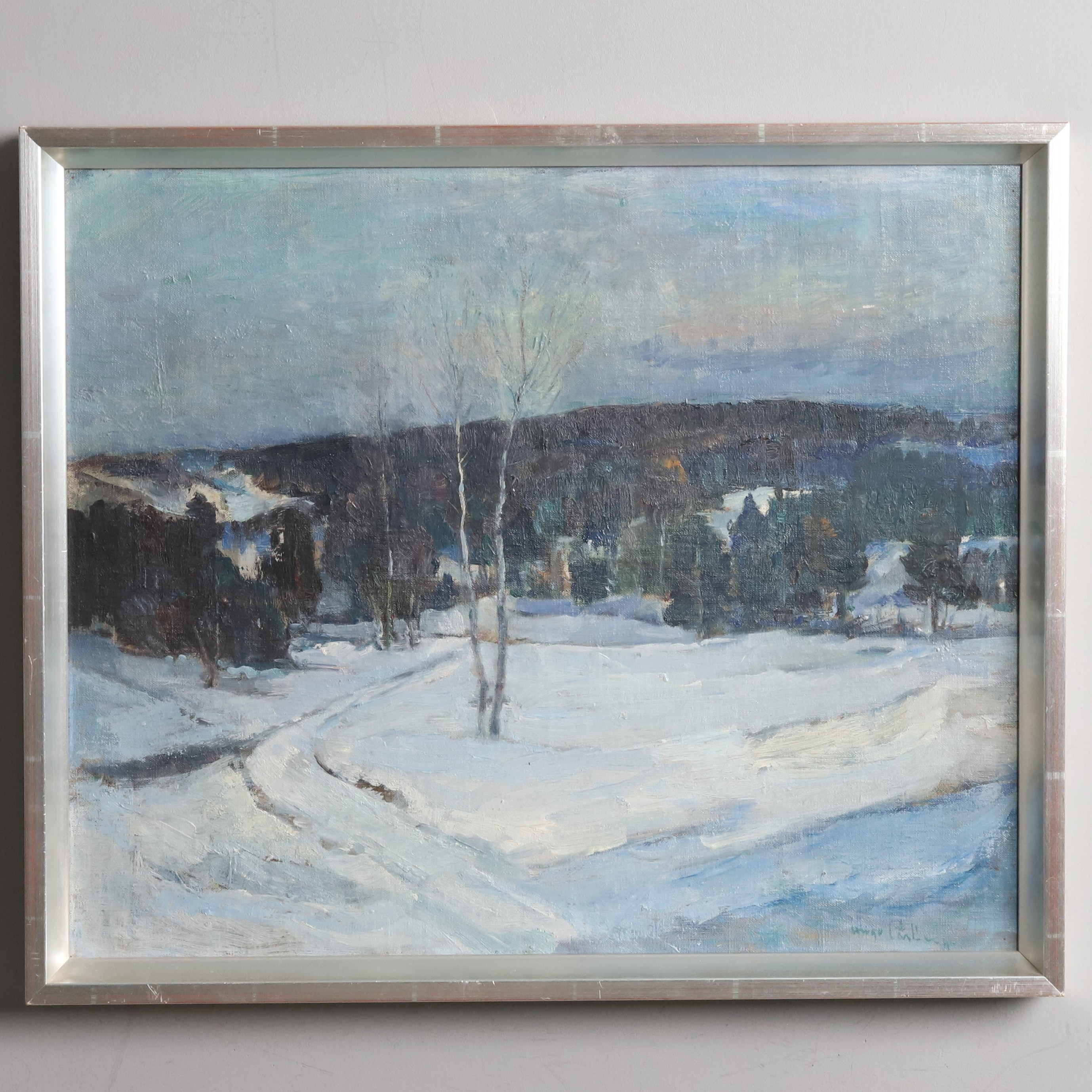 HUGO CARLBERG. Olja på pannå, "Vinterafton" signerad.
