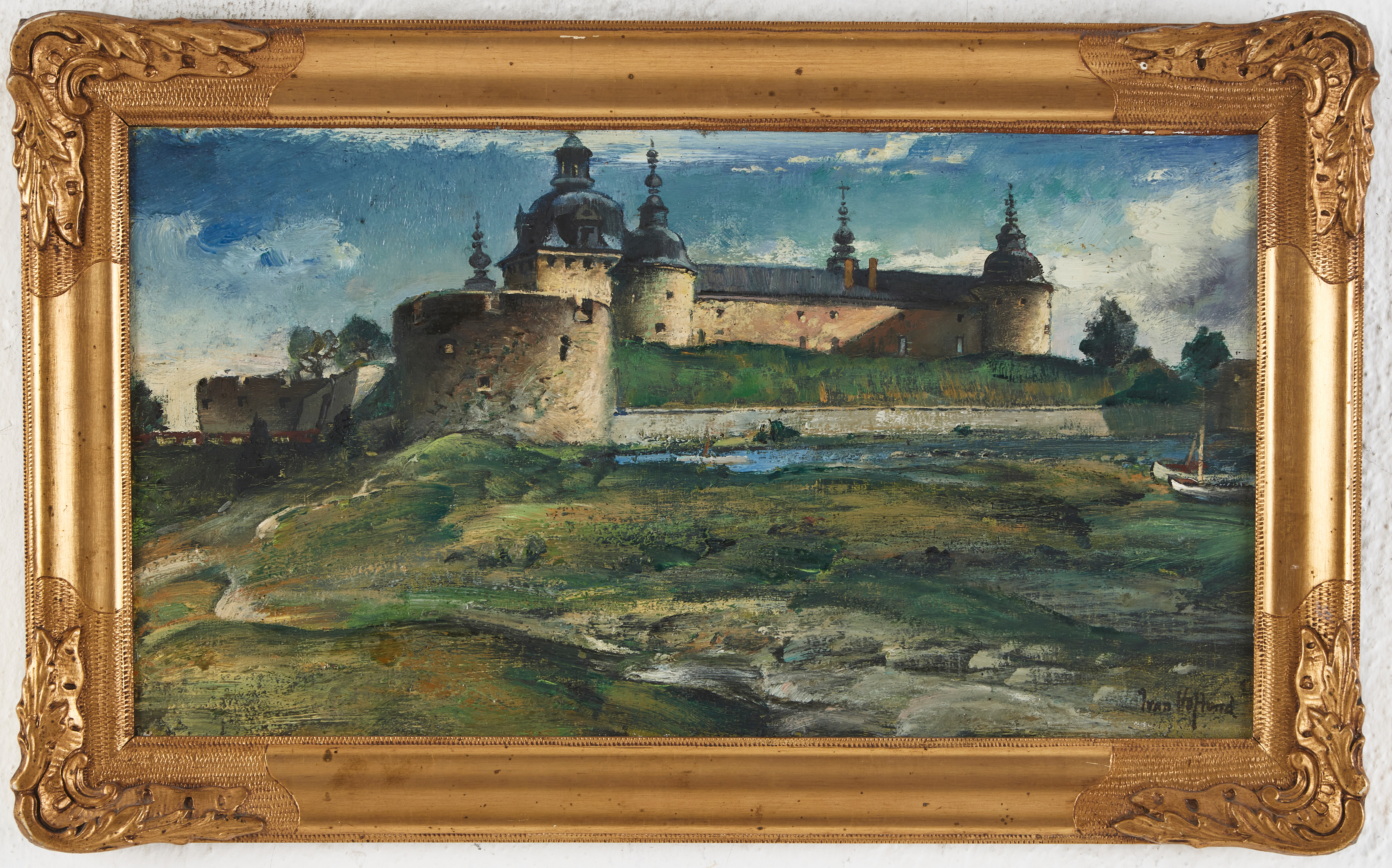 IVAN HOFLUND. Kalmar slott, olja på pannå, signerad.