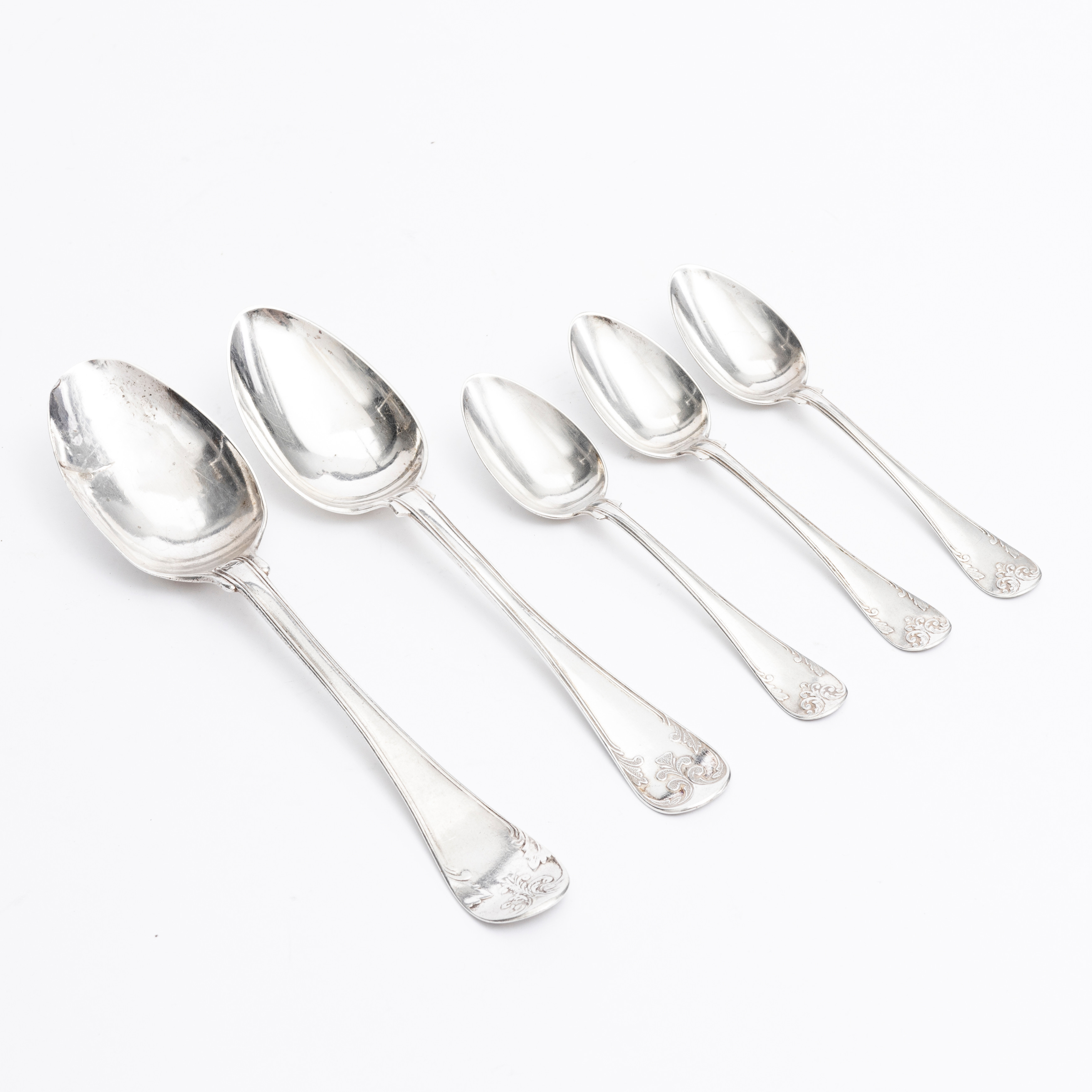 SKEDAR, 5 st, silver, "Gammal Fransk", olika fabrikat bla PE Sundberg, Karlskrona, 1800/1900-tal.