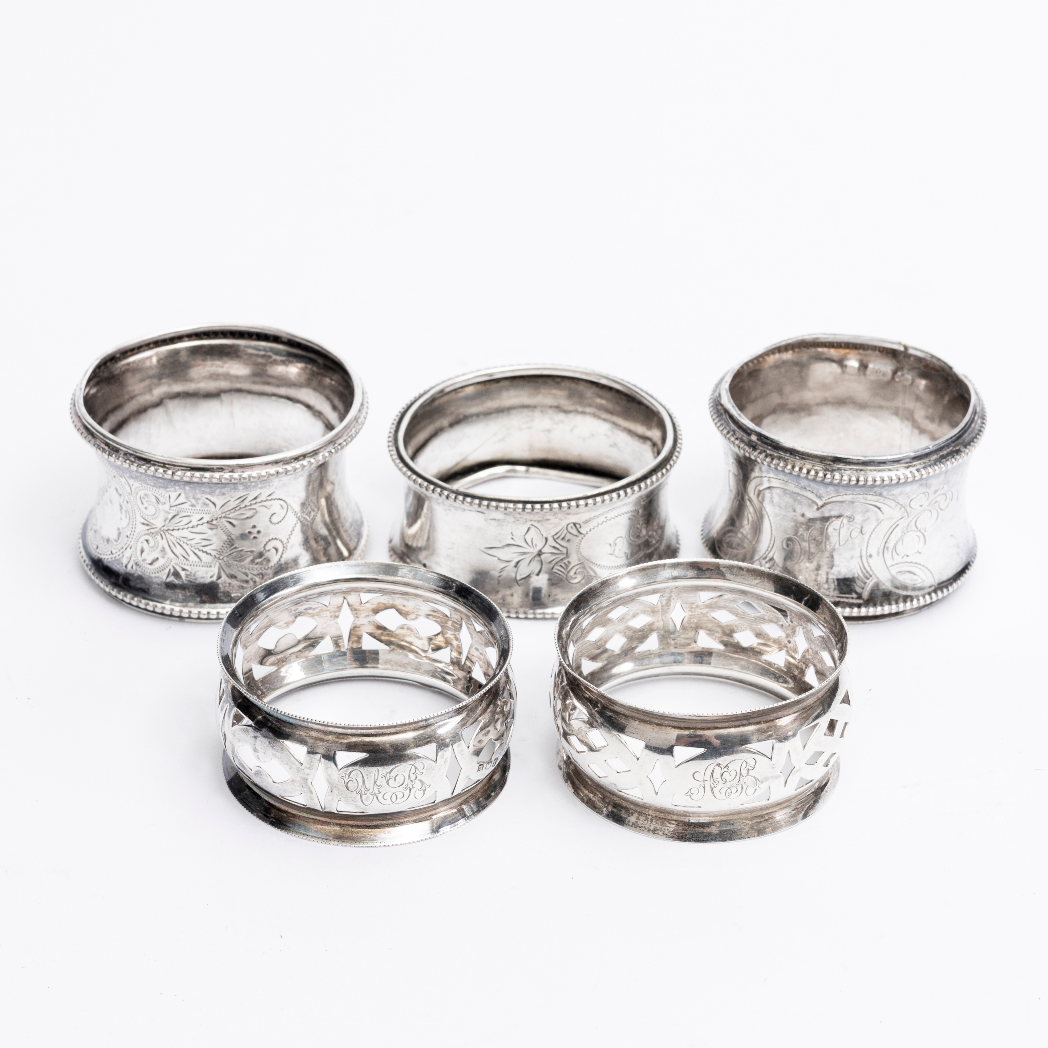 SERVETTRINGAR, 5 st. silver, bla, Birmingham, England, 1900-tal.