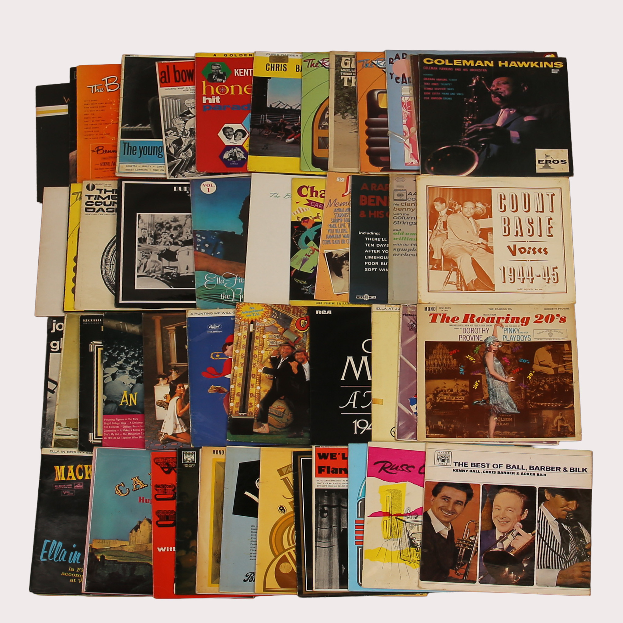 PARTI VINYL/LP skivor, jazz bla Pee Wee Hunt, Wild Bill Davison, Count Basie, Doris Day, Benny Goodman, Ella Fitzgerald, Joe Venutimfl, tot ca 50 st.