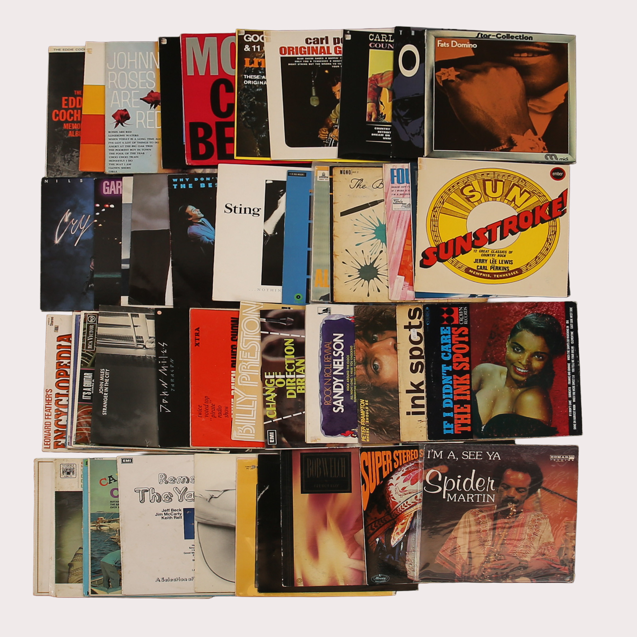 PARTI VINYL/LP skivor, jazz bla Dave Edmunds, Fats Doninmo, Eddie cochran, Johnny Burnette, Little Richard, Chuck Berry, Carl Perkins, Peter Frampton tot ca 50 st.