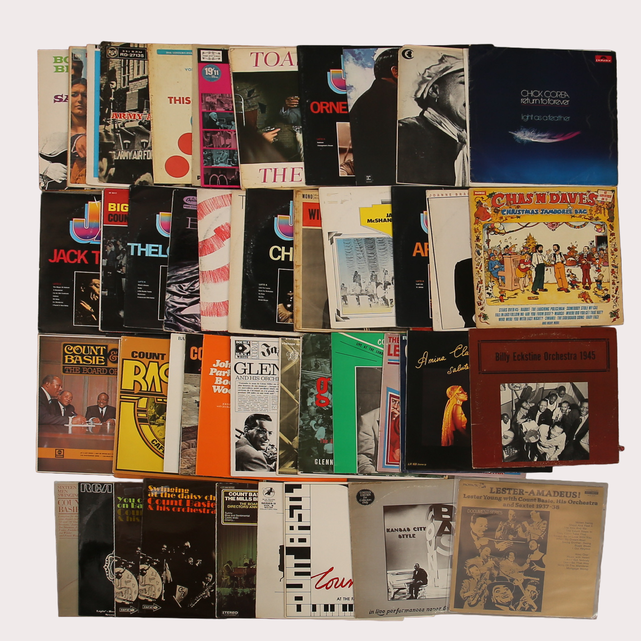 PARTI VINYL/LP skivor, jazz Errol Garner, Glenn Miller, Coleman Hawkins, Chick Corea, Bette Carter tot ca 50 st.