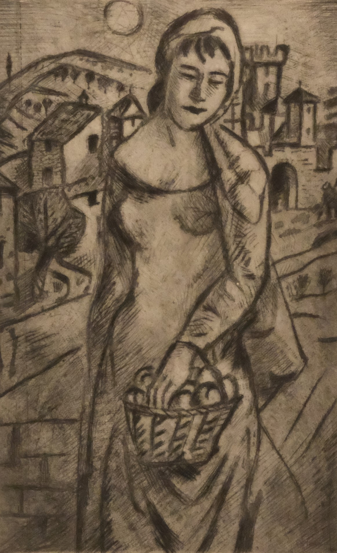 JULES SCHYL. ETSNING, KVINNA MED FRUKTKORG.