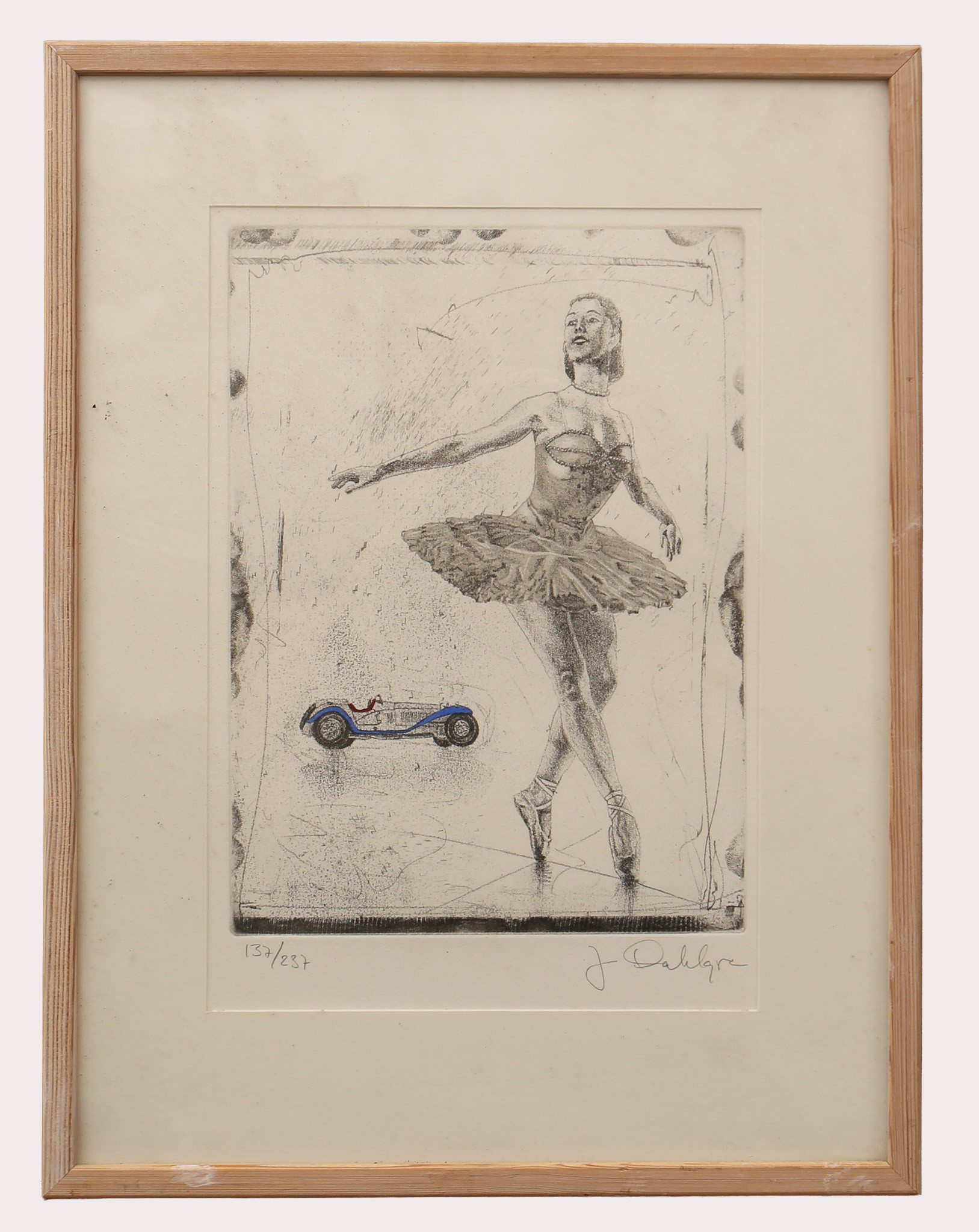 JAN DAHLGREN. Litografi med bil och ballerina, numrerad, signerad.