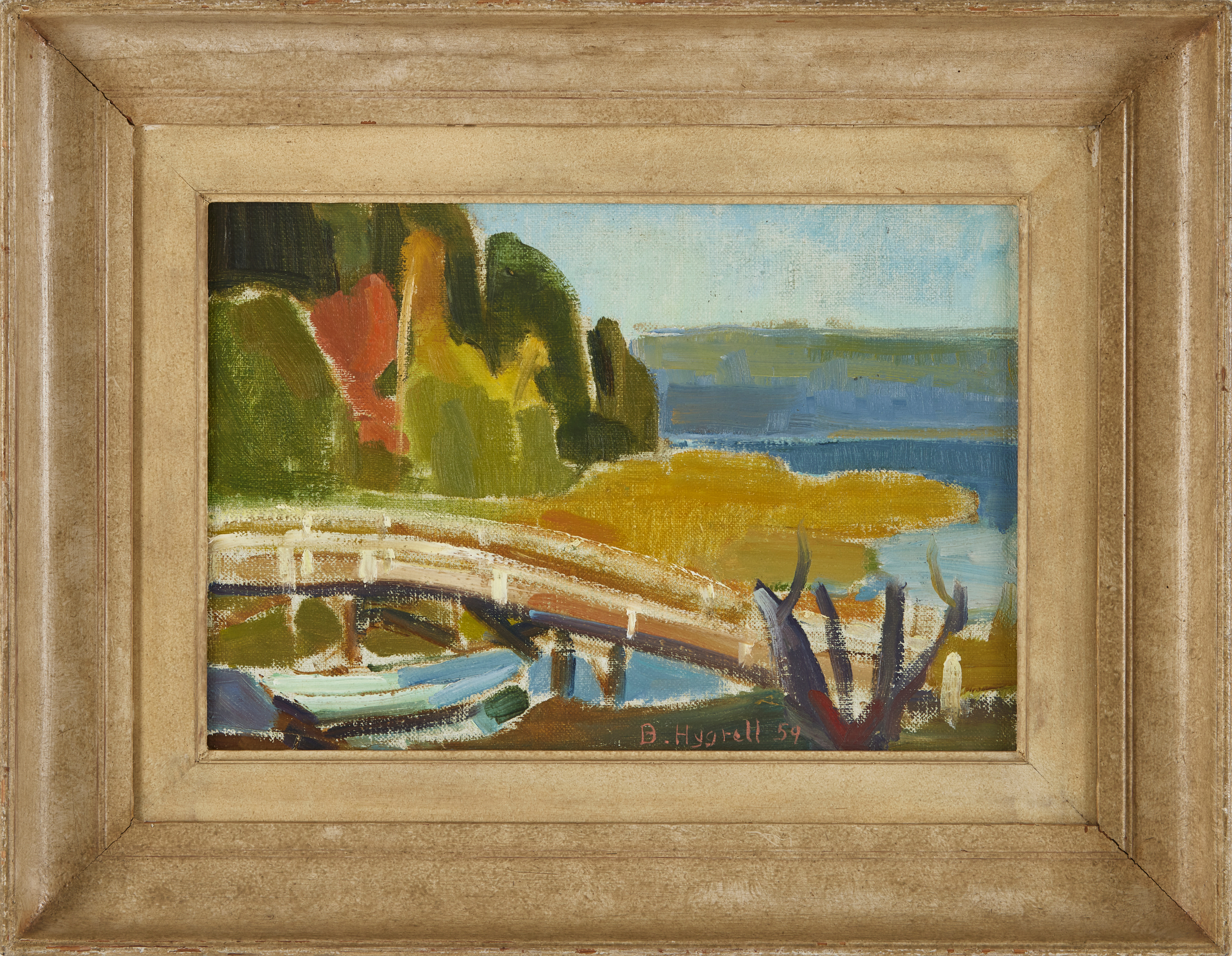 BIRGIT HYGRELL (1903-1972). 'Säteröbron'', olja på du fäst på pannå, signerad och daterad -59.