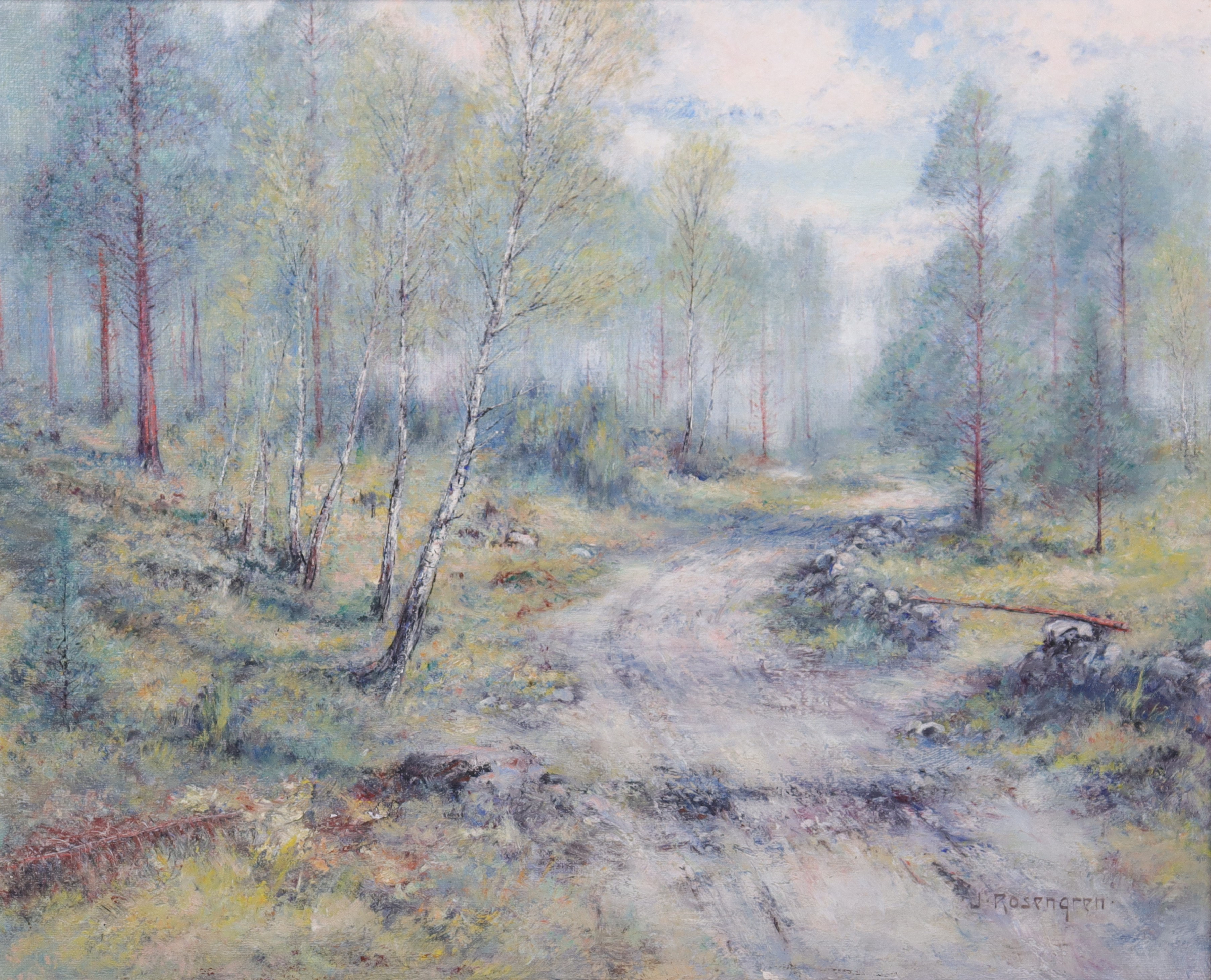 JEAN ROSENGREN. olja på duk, skogsväg.