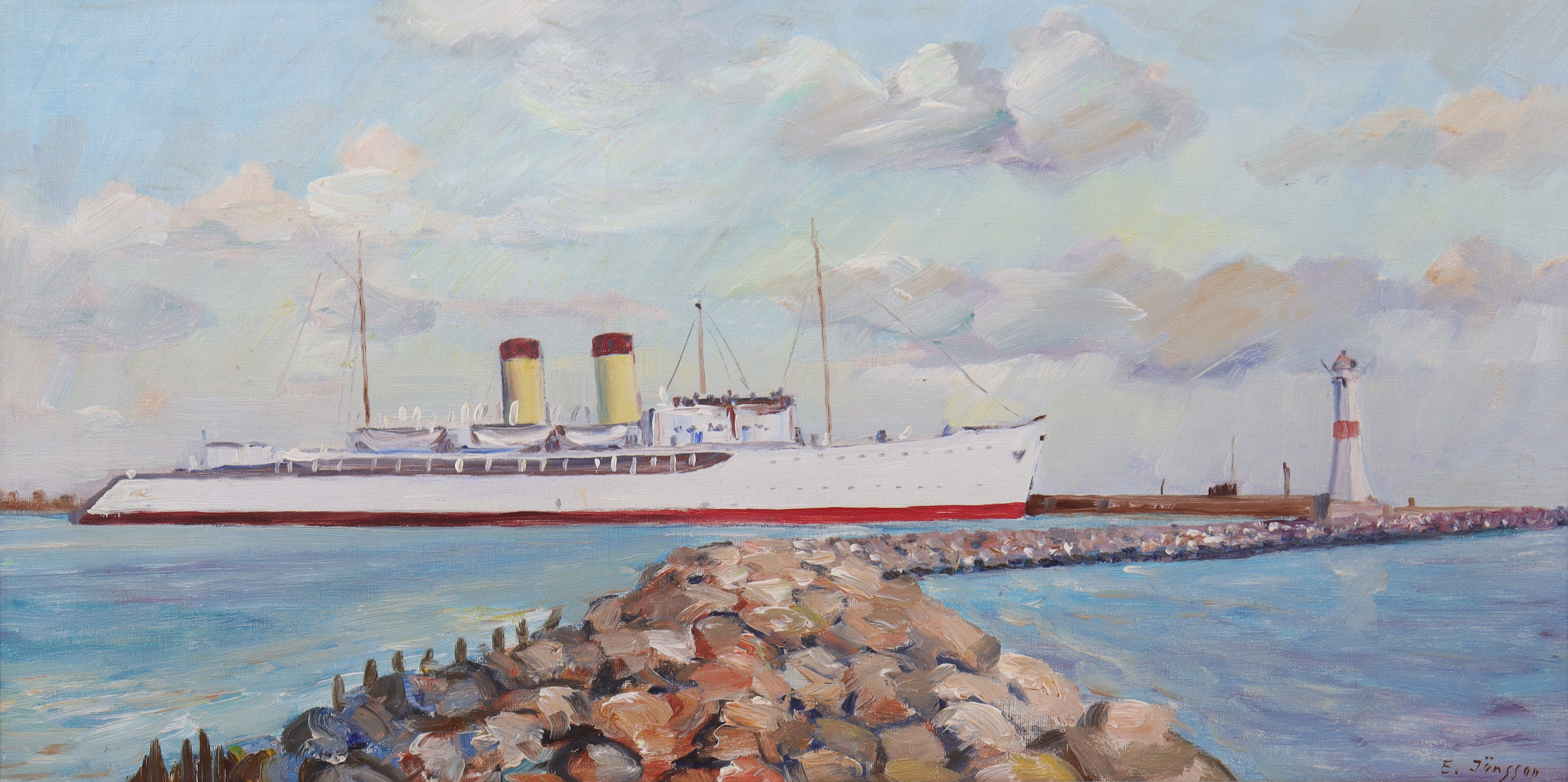ERIK JÖNSSON (1893-1950). olja på duk, tågfärjan M/S Starke, Trelleborg.