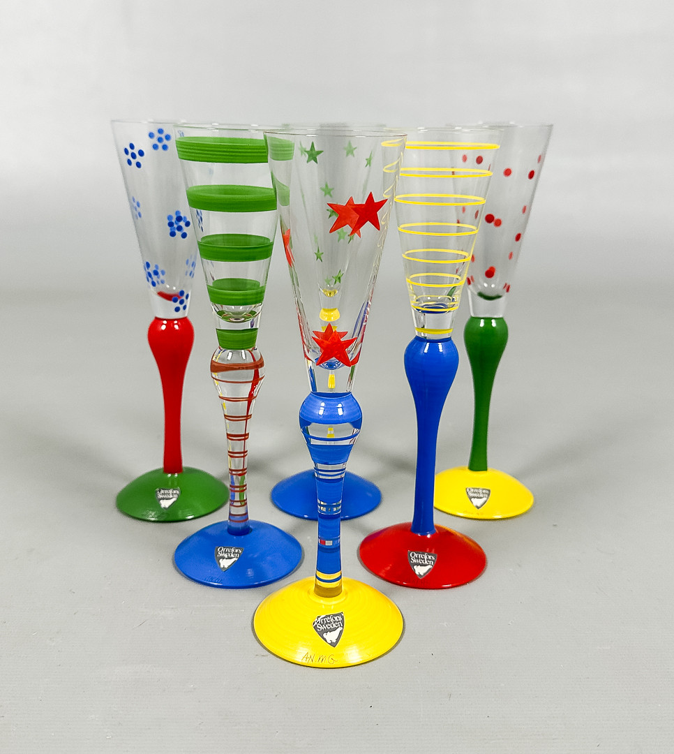 ANNE NILSSON. SNAPSGLAS, 6 st, "Clown", signerade, Orrefors.