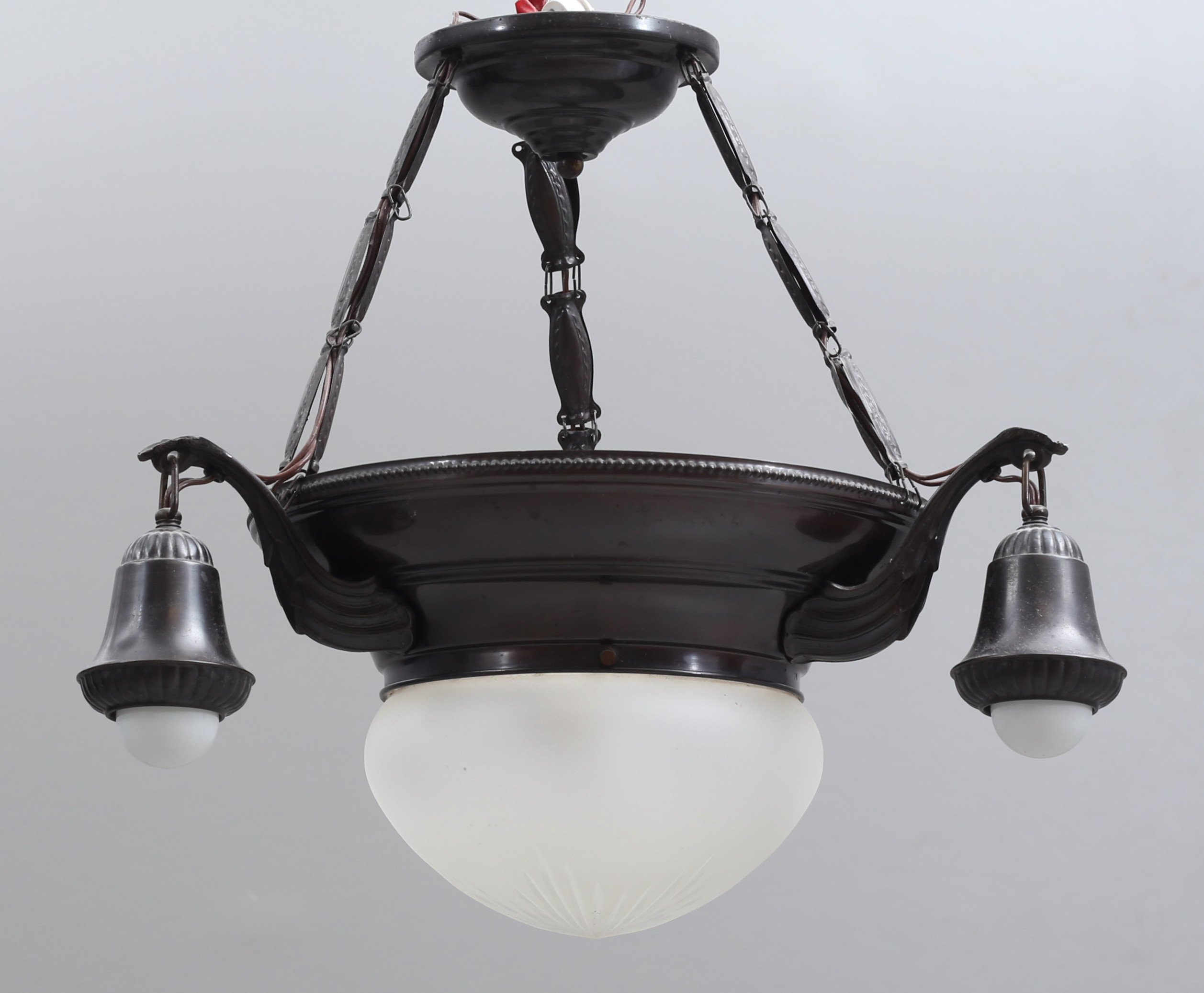 TAKLAMPA, jugend, koppar/ glas, tidigt 1900-tal.