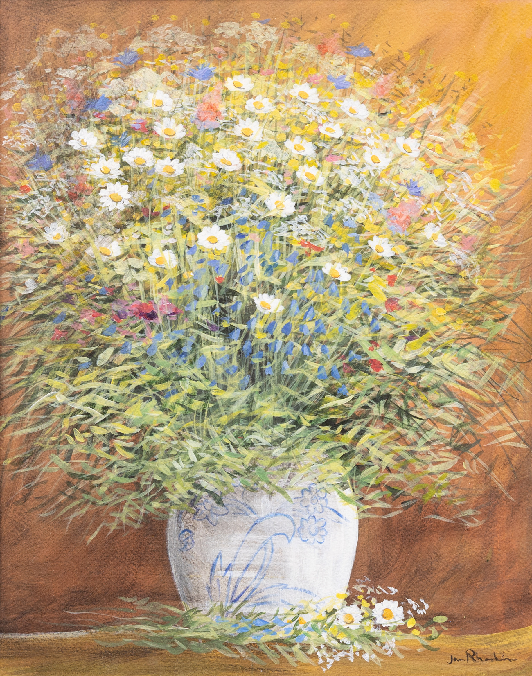 JAN RHODIN (1938-2022). Sommarblommor i kruka, olja på pannå, signerad.