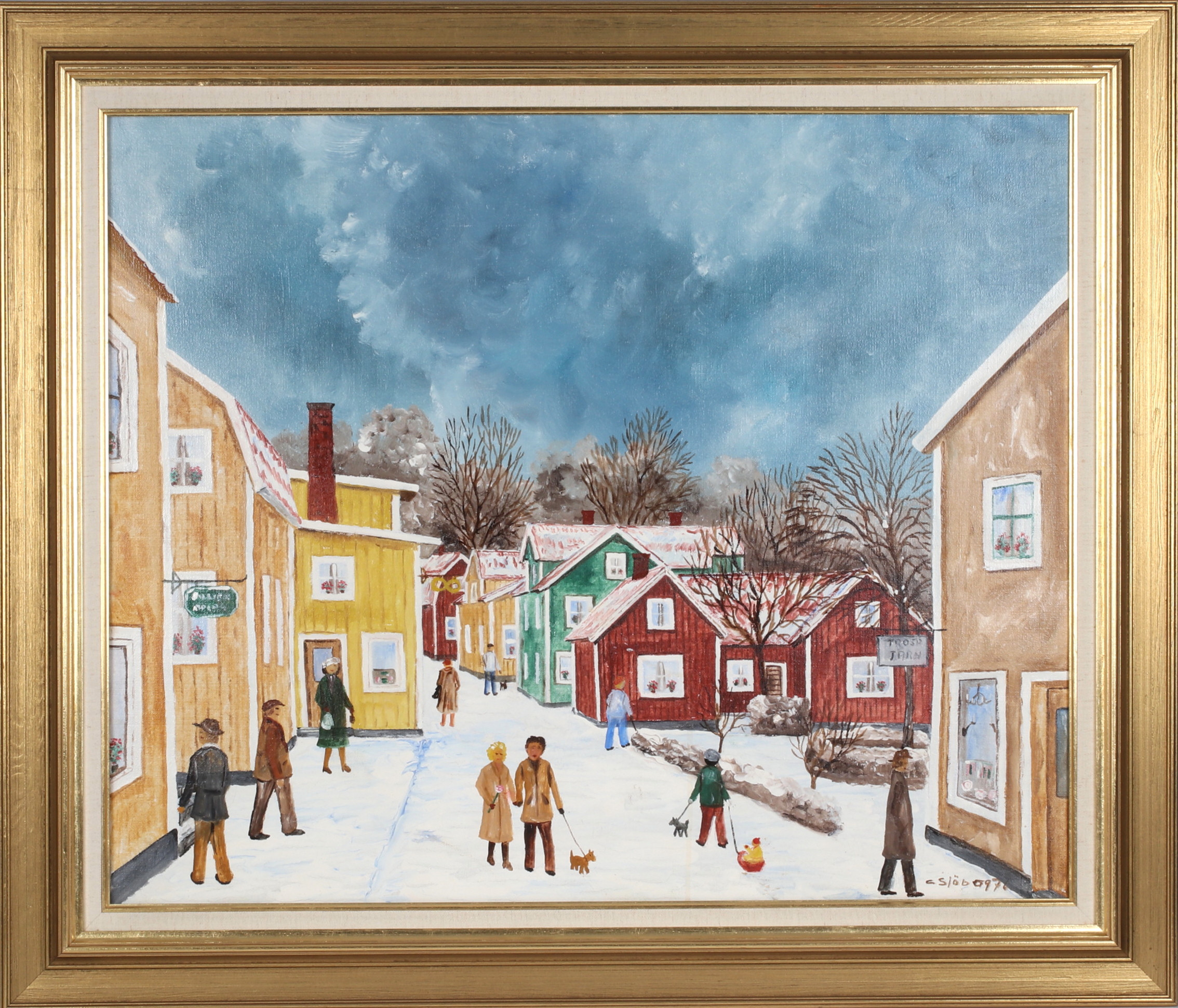 CURT  SJÖBERG. "Västerlånggatan/Gröna torget", olja på duk, signerad och daterad 1976.
