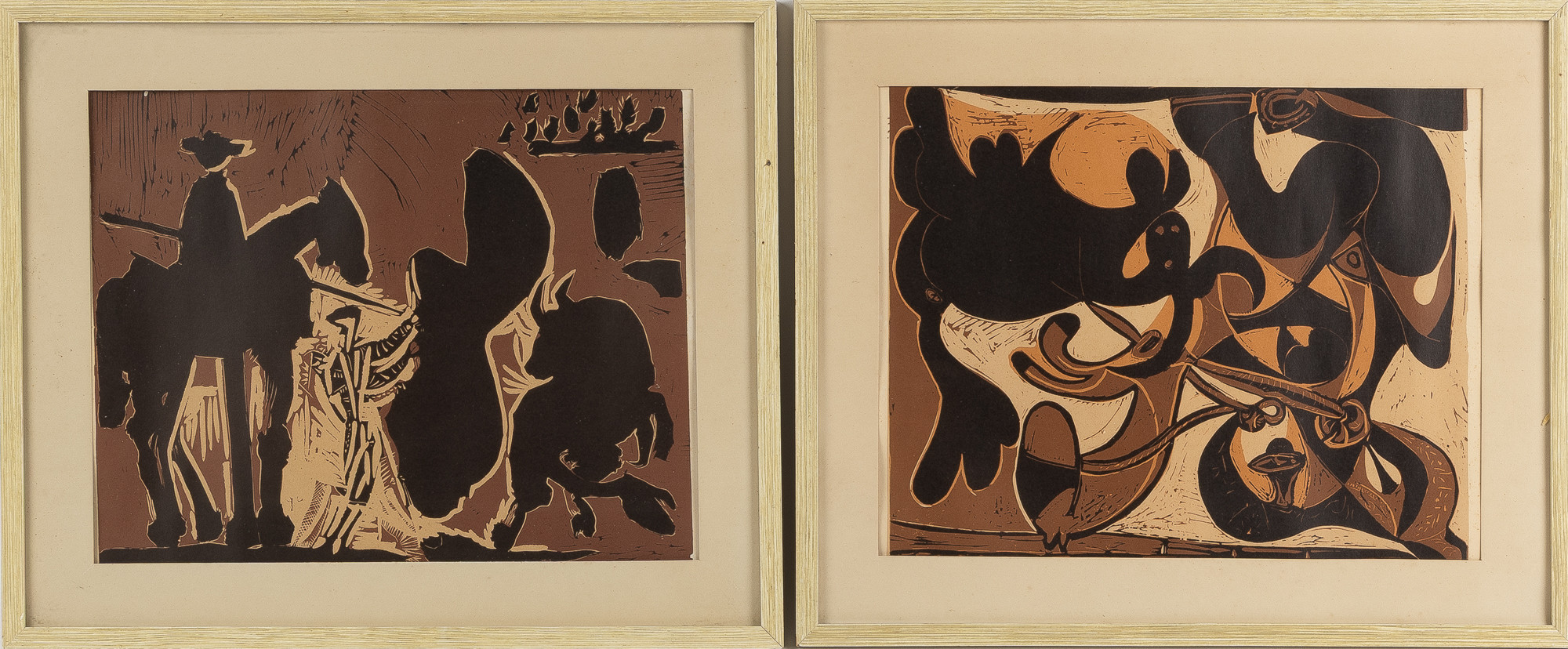 PABLO PICASSO. Två st, "Avant la Pique" respektive "Après la Pique", efter linoleumsnitt (1959), utgivna av Editions D'Art 1962.