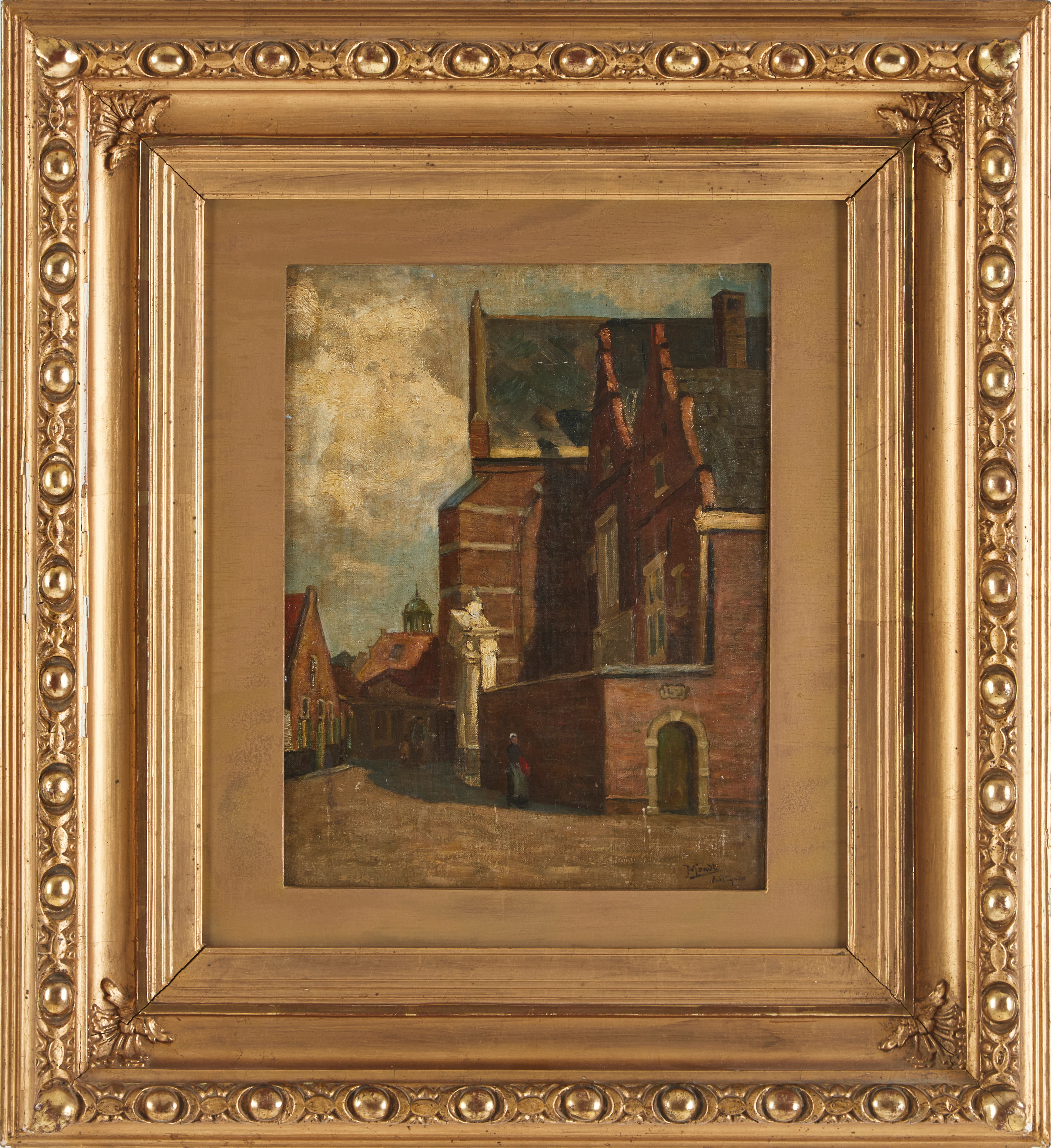 JOHANNES ABRAHAM MONDT. Holländsk stadsvy, olja på pannå, signerad.