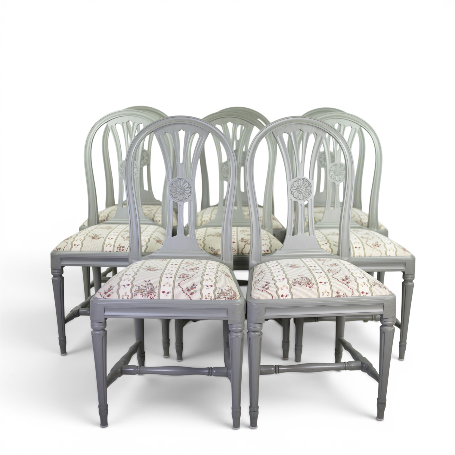 STOLAR, 8 st, gustaviansk stil, tygklädd sits, 1900-tal.
