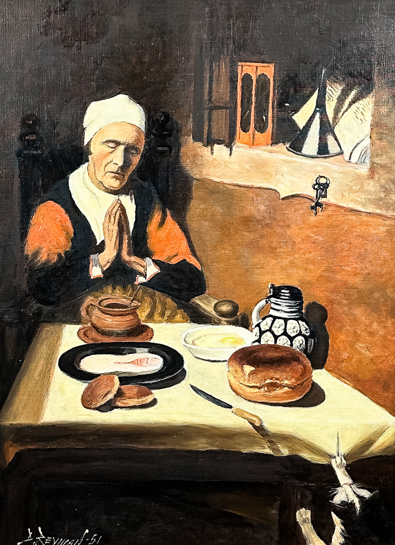 NICOLAS MAES. EFTER. "Bordsbönen". Signerad Reyman -51. Olja på Duk.