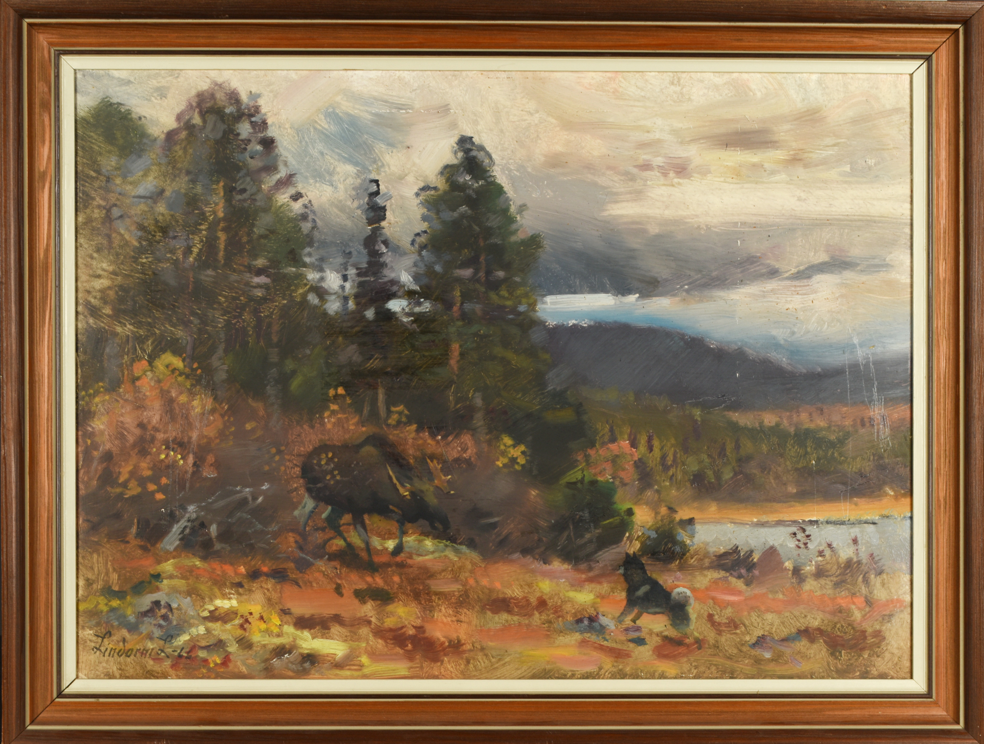 LINDORM LILJEFORS. Olja på pannå, Hund & älg. Signerad 1900-tal.