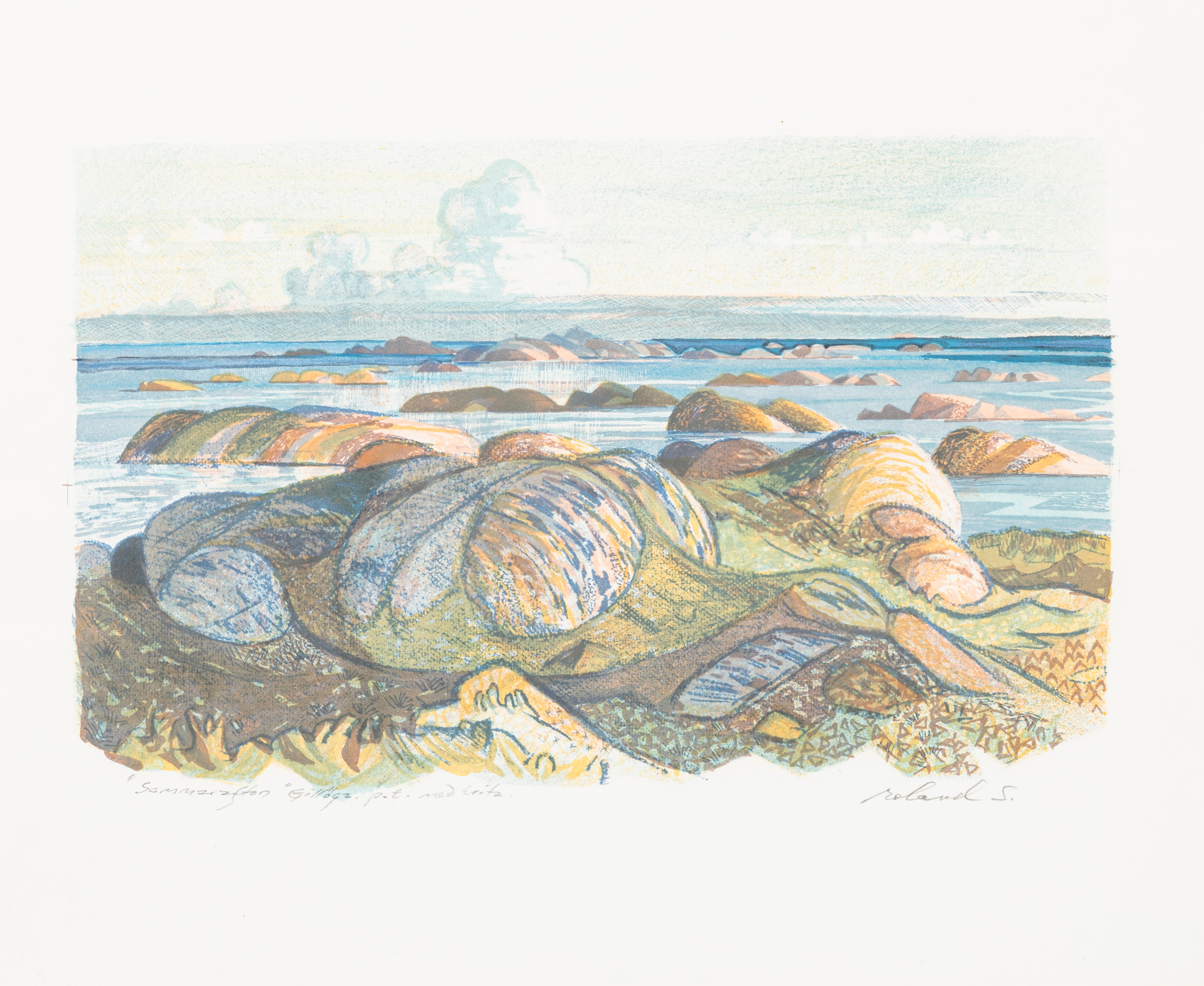 ROLAND SVENSSON. "Sommarafton" Gillöga, färglitografi, signerad, P.T. med krita.