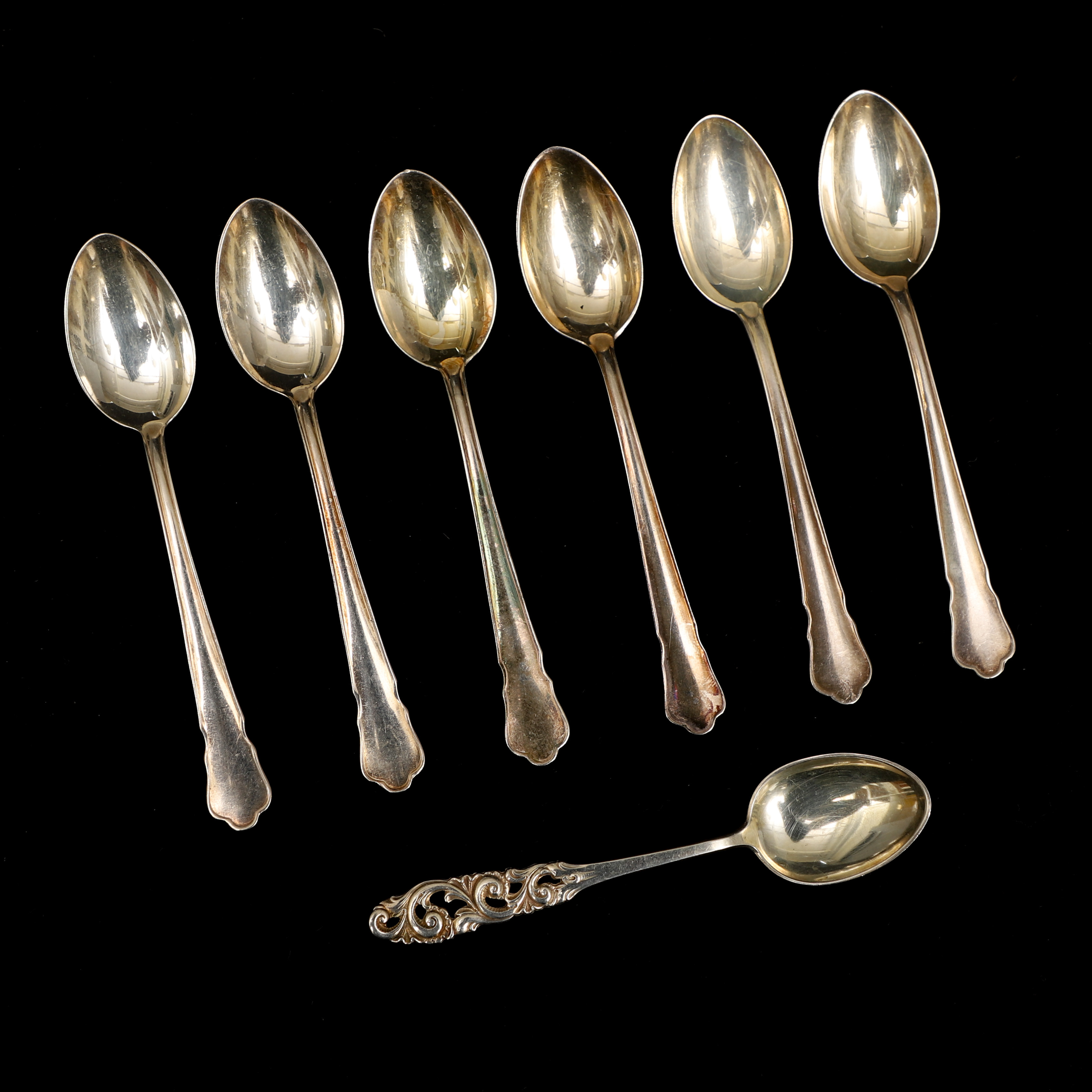 KAFFESKEDAR, 7 st, Mestadels svenska stämplar. silver, Vikt ca 66 gram.
