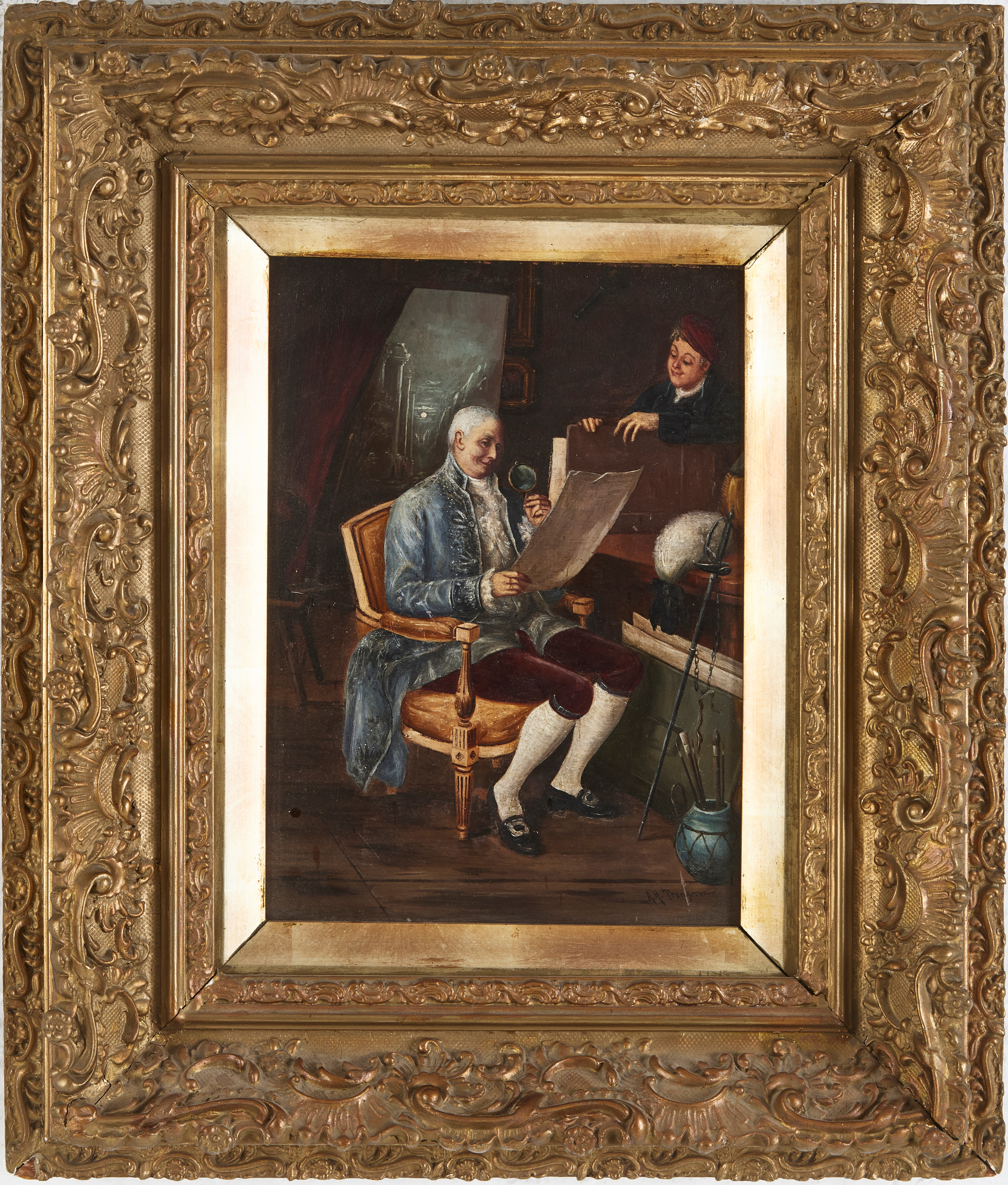 A.H. TRENGROVE. Figurscen i ateljémiljö, 1800-talets slut, olja på pannå, signerad.