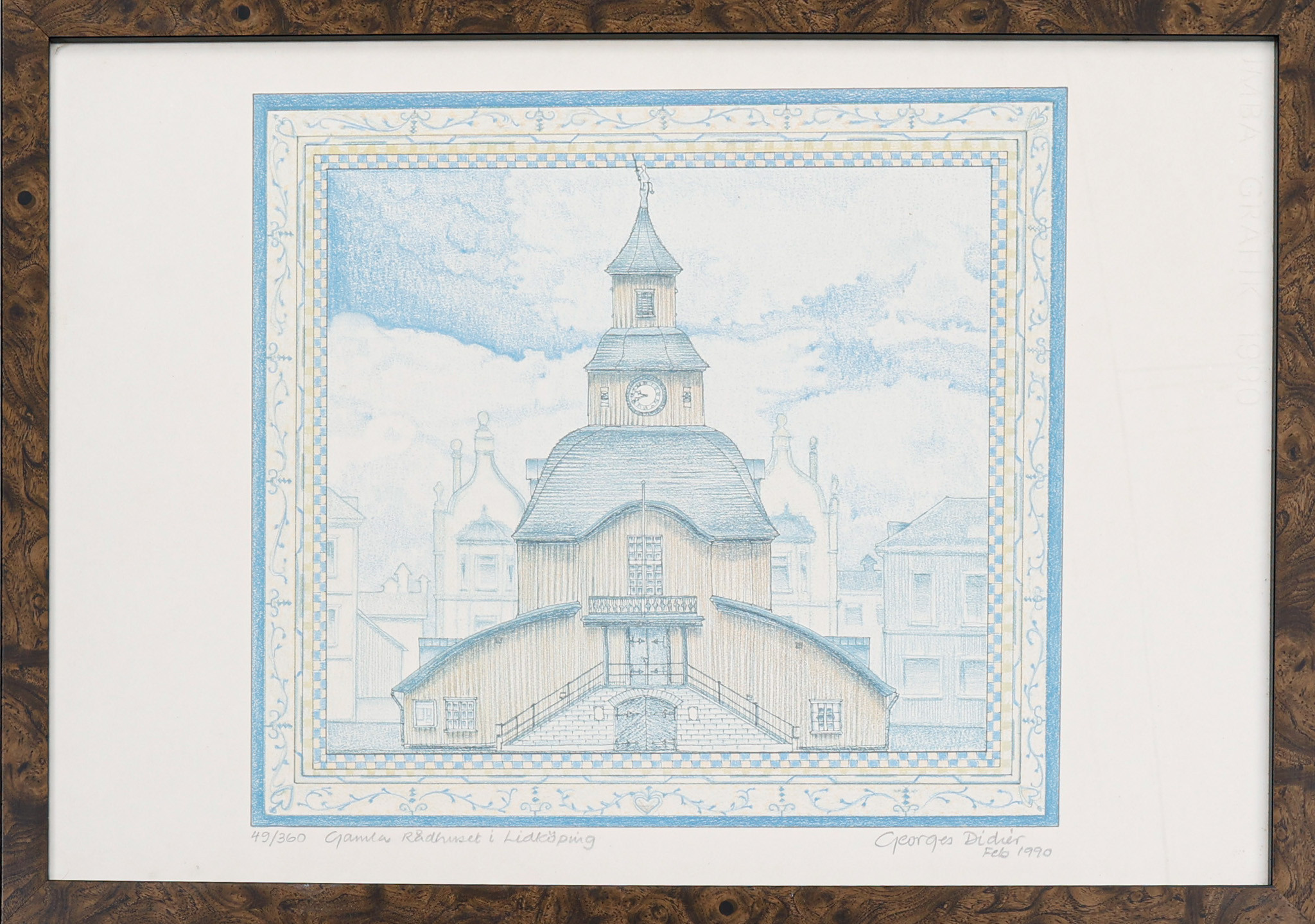 GEORGES DIDIER. Litografi, "Gamla rådhuset i Lidköping",signerad samt numrerad 49/360,1990.
