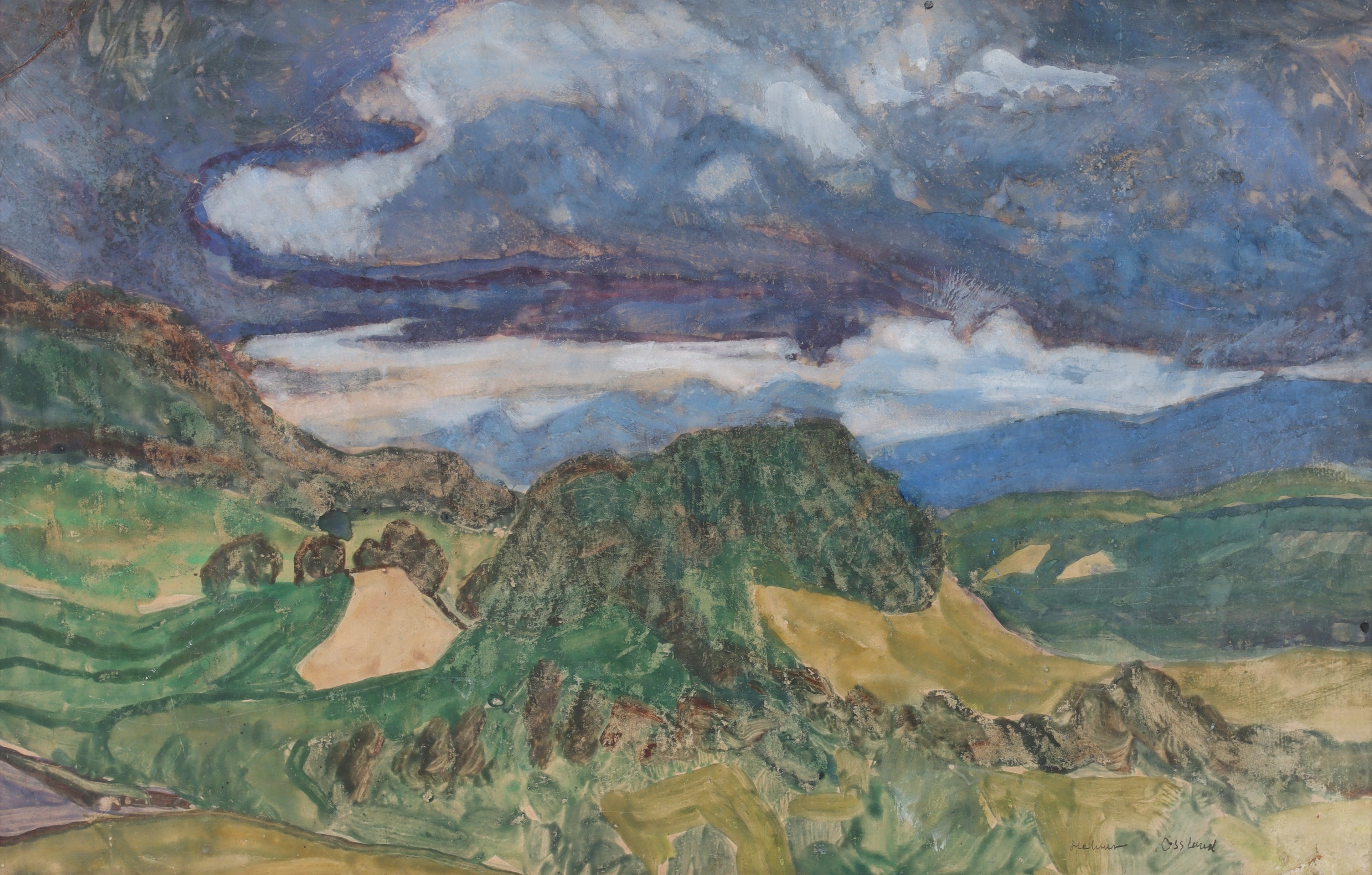 HELMER OSSLUND. Fjällmotiv, gouache på papper, signerad.
