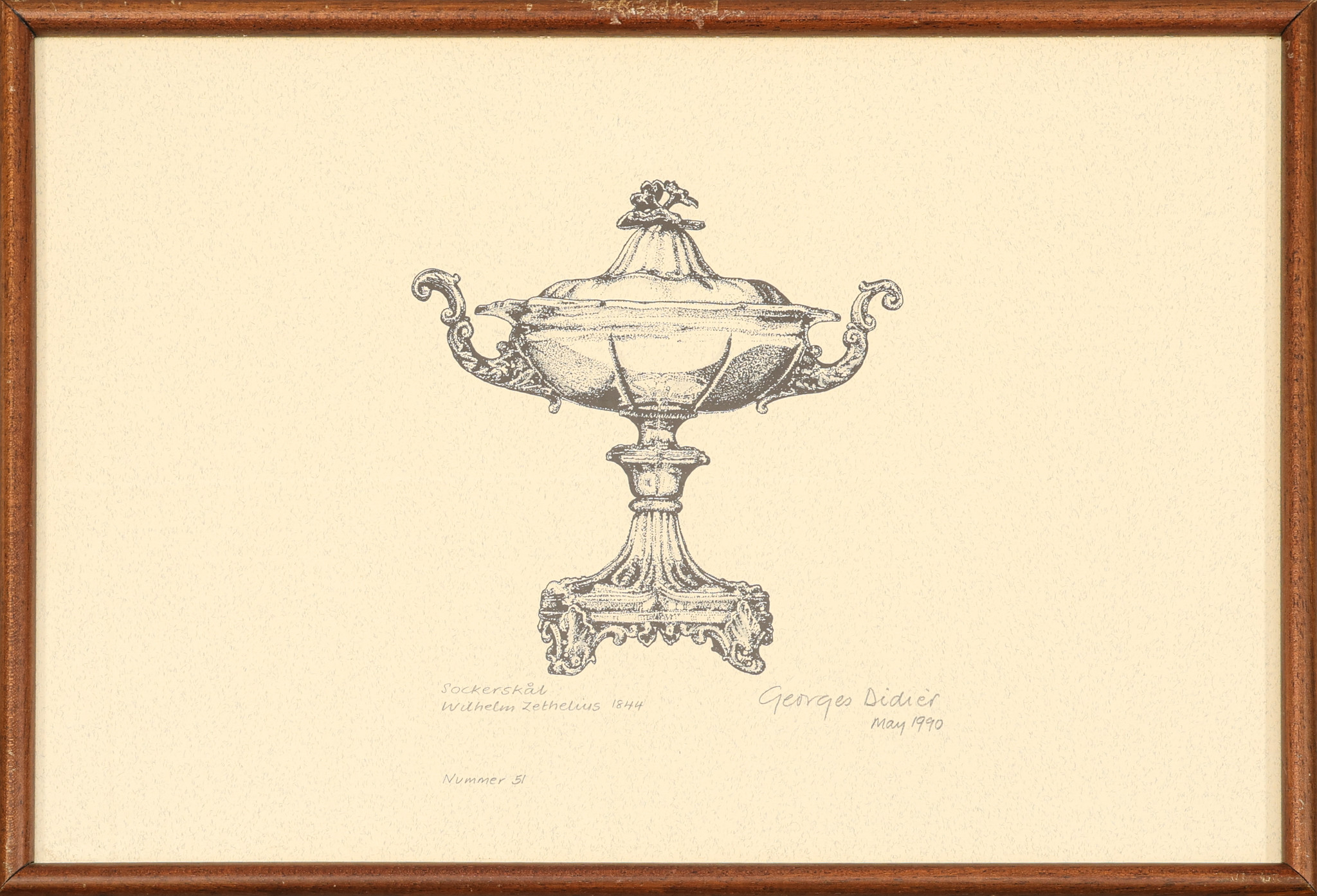 GEORGES DIDIER. Grafiskt blad, "Sockerskål Wilhelm Zethelius 1844", signerad, 1990.