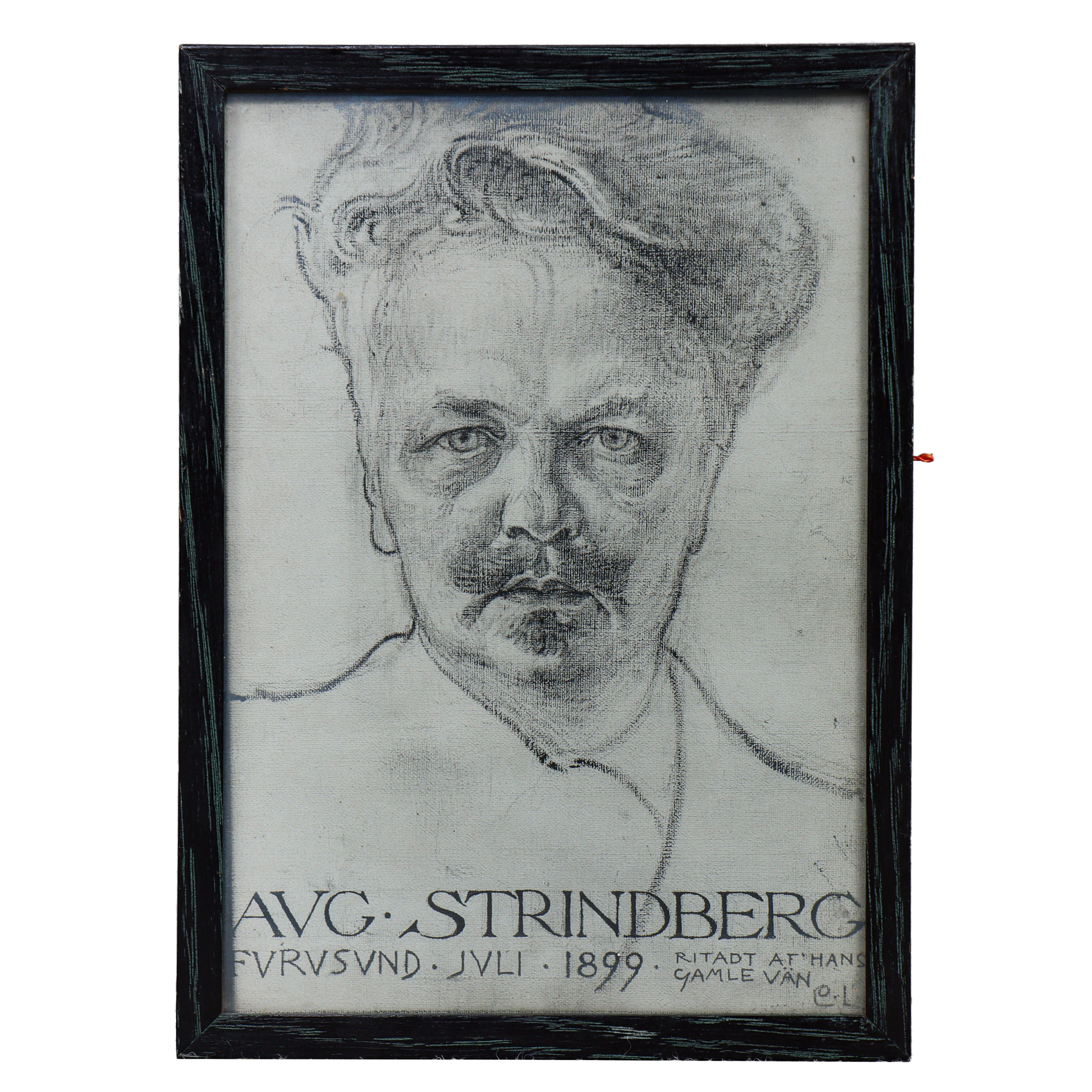 AUGUST STRINDBERG, KONSTTRYCK EFTER TECKNING AV CARL LARSSON JULI 1899, AUGUST ANDERSON FÖRGYLLERIFABRIK STOCKHOLM.